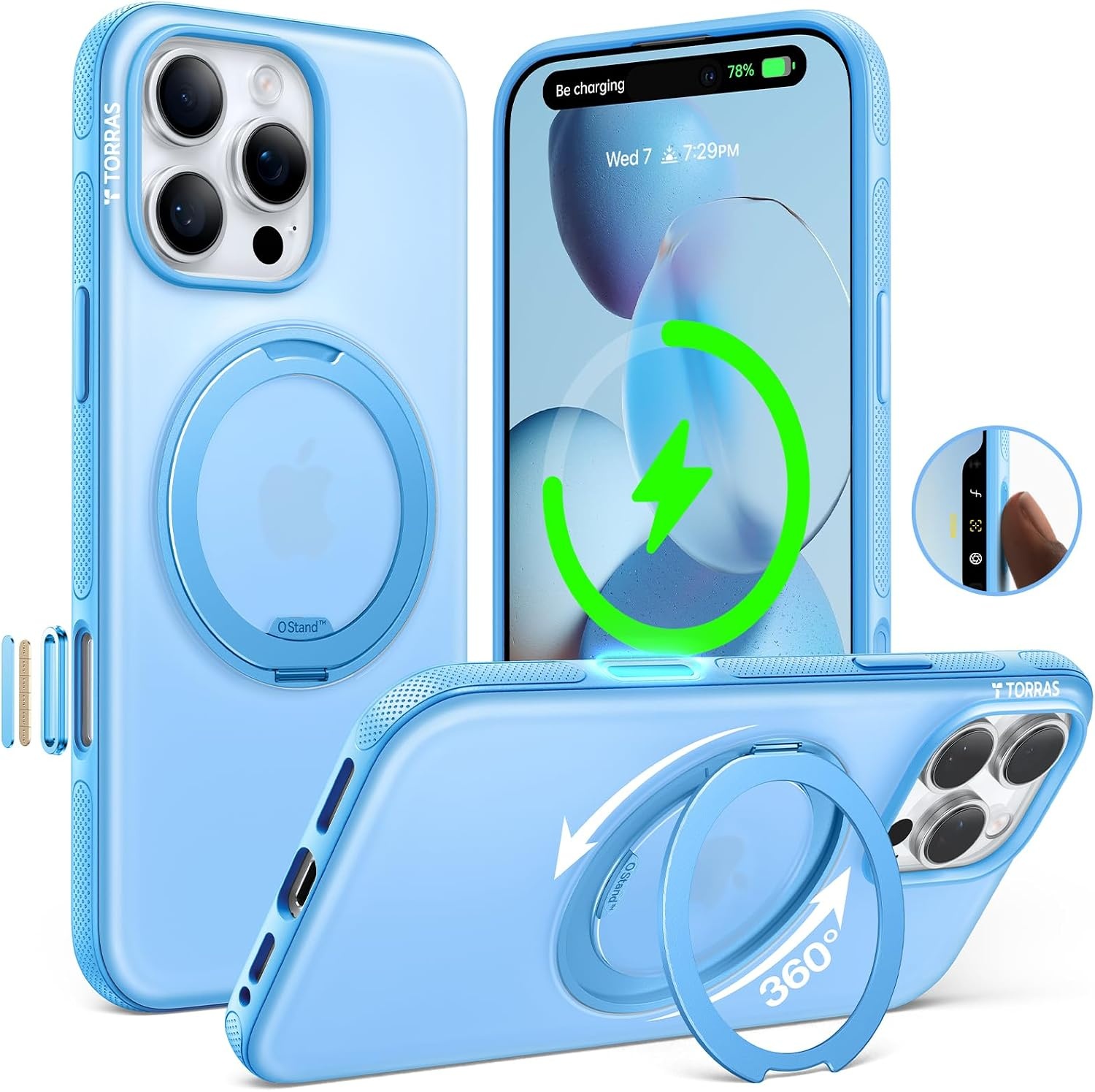 image:imageTORRAS O3 Fitness for iPhone 16 Pro Case Magnetic Stand Fit for MagSafe 360 Rotatable Stable Stand Camera Control Button MilitaryGrade Shockproof Slim amp Sleek Mint Green TranslucentCoastal Blue