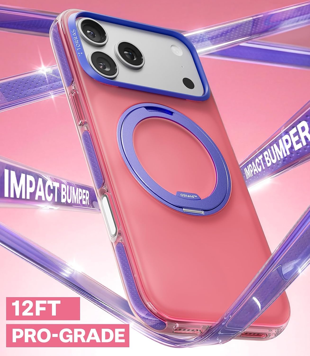 image:imageTORRAS O3 Hue for iPhone 17 Pro Case4X MilitaryGrade Air Drop Protection with Shockproof Airbag Bumper360 Strong Magnetic Stand Compatible with MagSafeColorblock Aesthetic 63 inchIndigo BlueBlush Pink