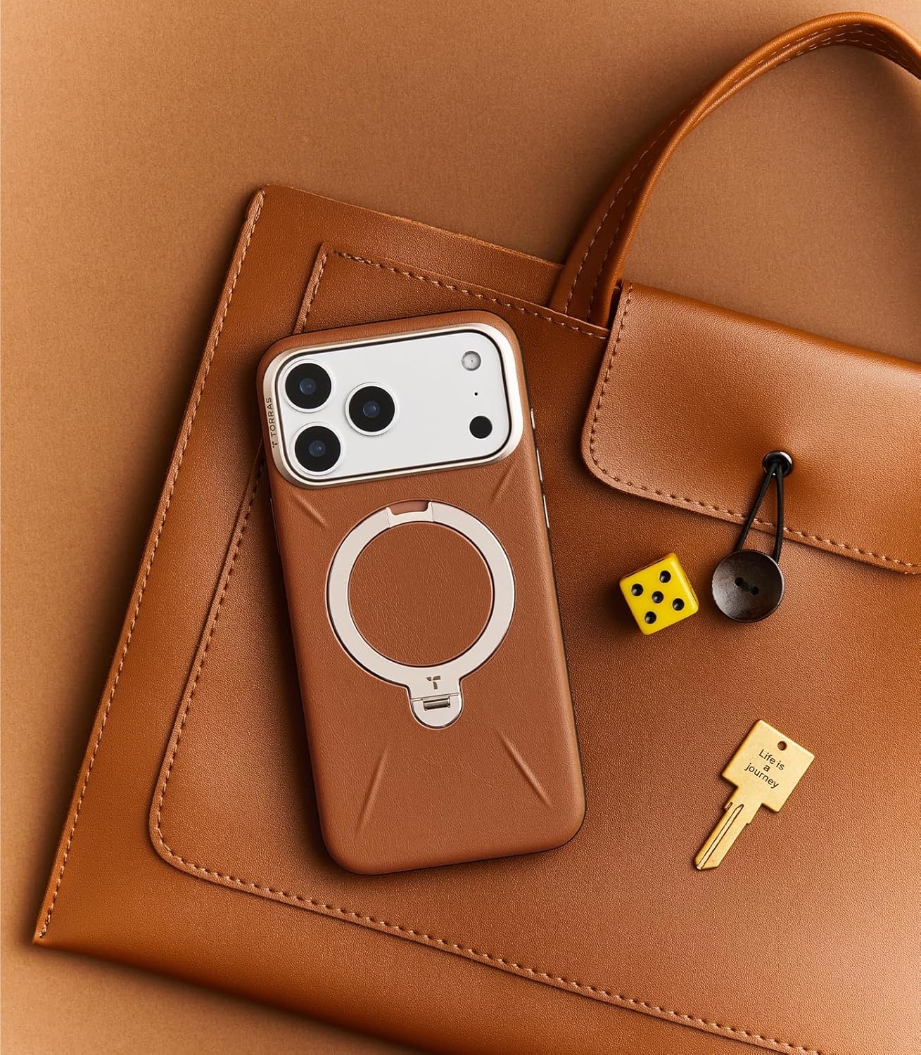 image:imageTORRAS Organic Leather for iPhone 17 Pro Case with Stand Fit for Magsafe 360 Spin Kickstand with Camera Control Premium Leather Durable Stylish Q3 VegSkin for iPhone 17 Pro Phone Case Burnt OrangeSaddle Brown