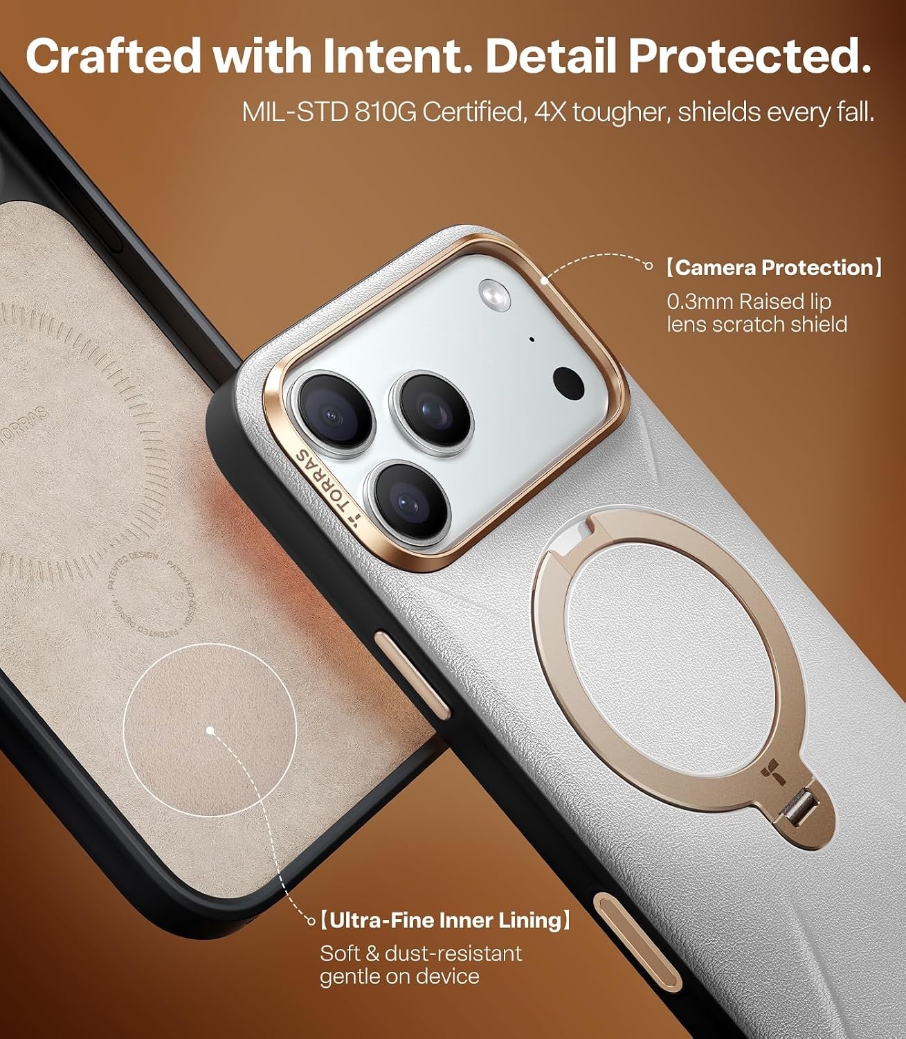 image:imageTORRAS Organic Leather for iPhone 17 Pro Case with Stand Fit for Magsafe 360 Spin Kickstand with Camera Control Premium Leather Durable Stylish Q3 VegSkin for iPhone 17 Pro Phone Case Burnt OrangeGrayish white