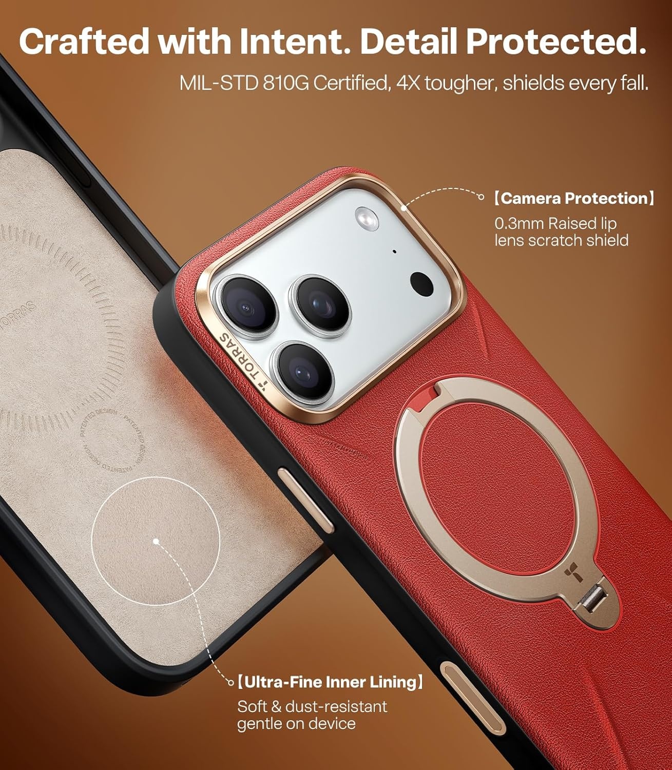 image:imageTORRAS Organic Leather for iPhone 17 Pro Case with Stand Fit for Magsafe 360 Spin Kickstand with Camera Control Premium Leather Durable Stylish Q3 VegSkin for iPhone 17 Pro Phone Case Burnt OrangeCrimson Red