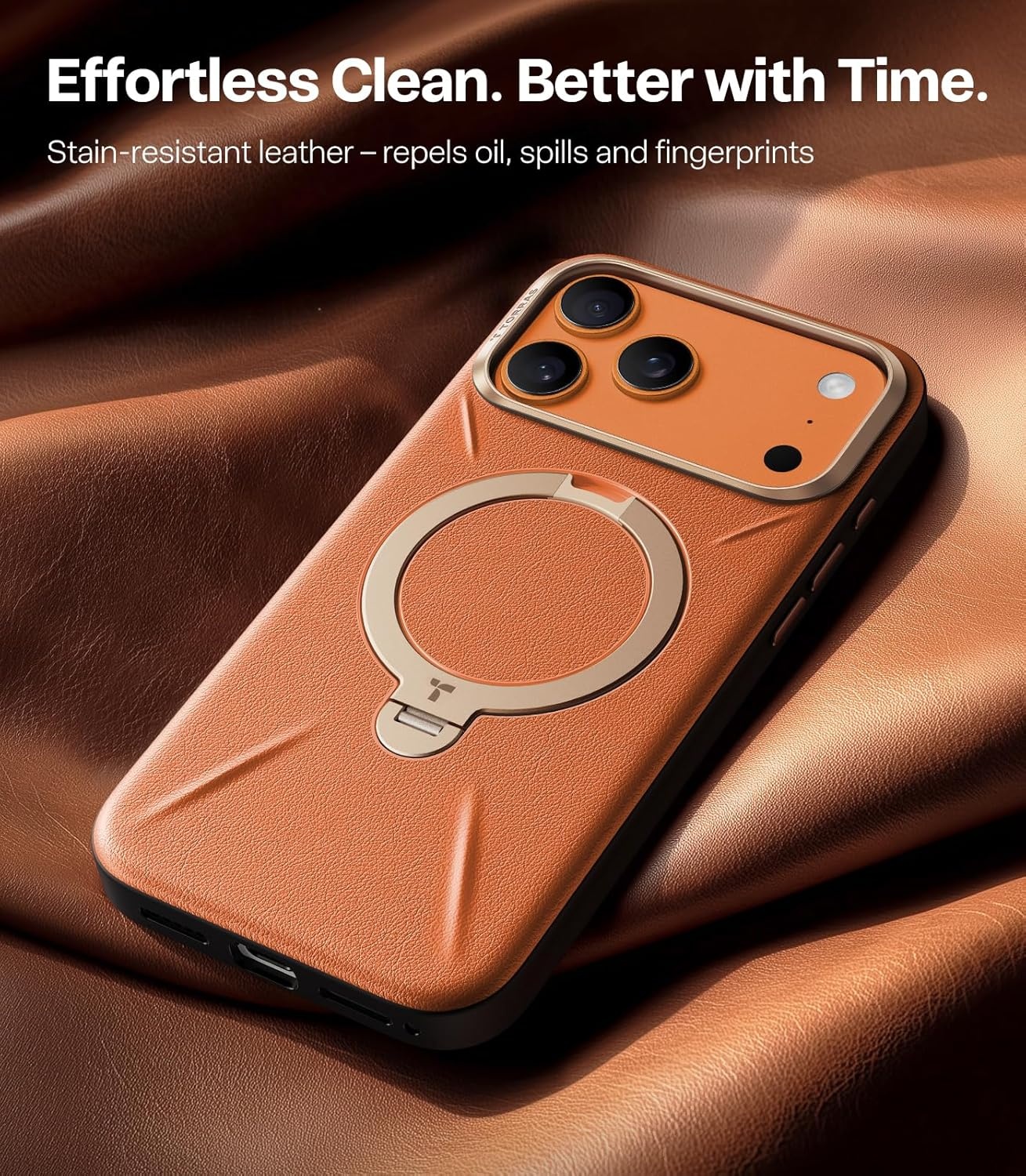 image:imageTORRAS Organic Leather for iPhone 17 Pro Case with Stand Fit for Magsafe 360 Spin Kickstand with Camera Control Premium Leather Durable Stylish Q3 VegSkin for iPhone 17 Pro Phone Case Burnt OrangeBurnt Orange
