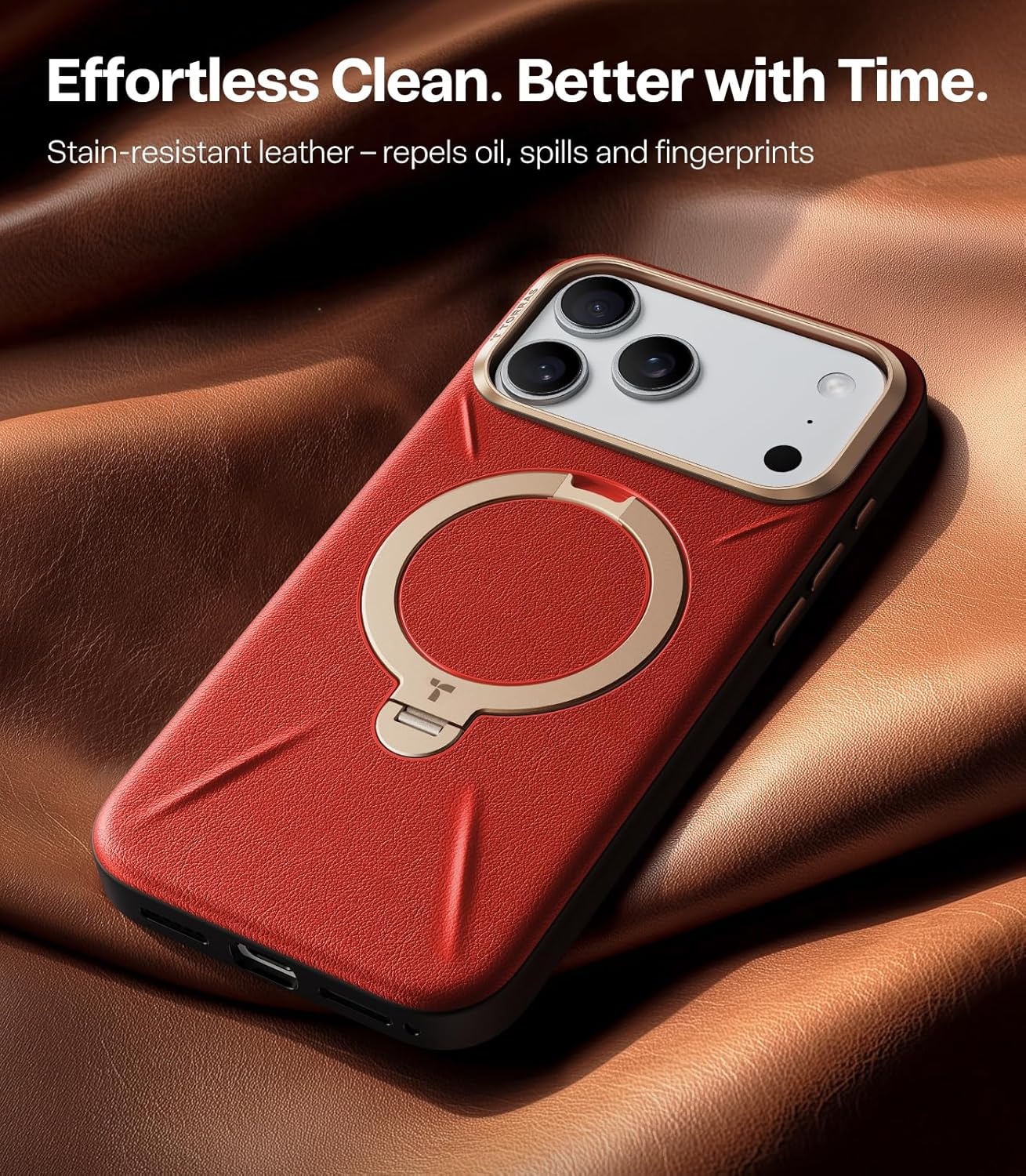 image:imageTORRAS Organic Leather for iPhone 17 Pro Case with Stand Fit for Magsafe 360 Spin Kickstand with Camera Control Premium Leather Durable Stylish Q3 VegSkin for iPhone 17 Pro Phone Case Burnt OrangeCrimson Red