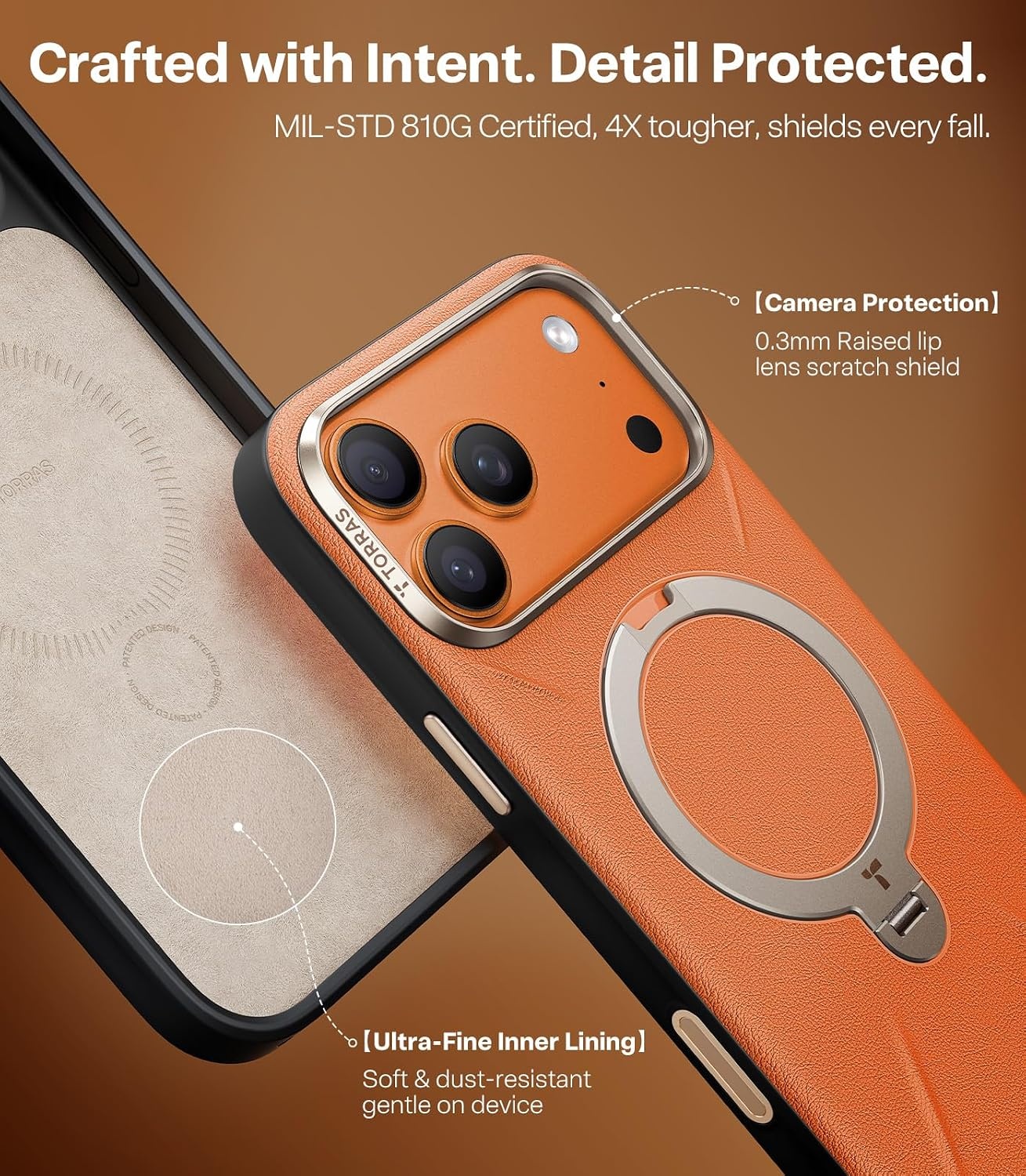image:imageTORRAS Organic Leather for iPhone 17 Pro Case with Stand Fit for Magsafe 360 Spin Kickstand with Camera Control Premium Leather Durable Stylish Q3 VegSkin for iPhone 17 Pro Phone Case Burnt OrangeBurnt Orange