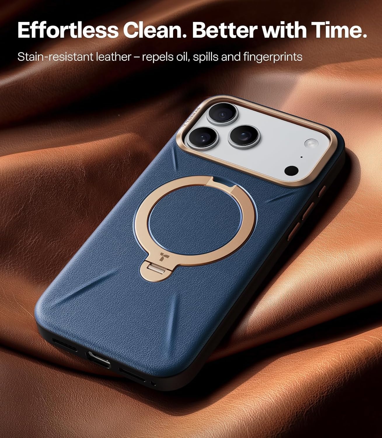 image:imageTORRAS Organic Leather for iPhone 17 Pro Case with Stand Fit for Magsafe 360 Spin Kickstand with Camera Control Premium Leather Durable Stylish Q3 VegSkin for iPhone 17 Pro Phone Case Burnt OrangeDeep Blue