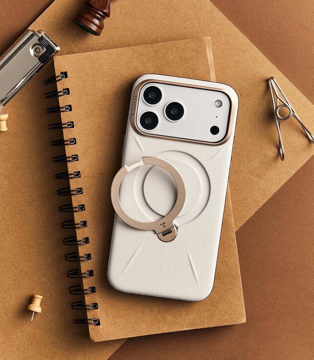 image:imageTORRAS Organic Leather for iPhone 17 Pro Case with Stand Fit for Magsafe 360 Spin Kickstand with Camera Control Premium Leather Durable Stylish Q3 VegSkin for iPhone 17 Pro Phone Case Burnt OrangeGrayish white