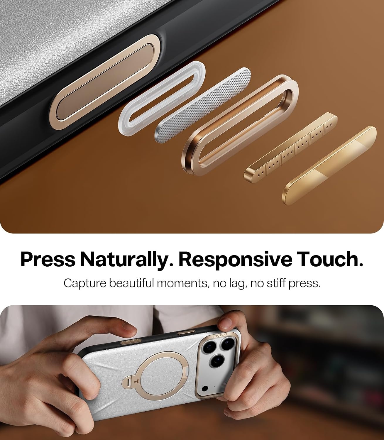 image:imageTORRAS Organic Leather for iPhone 17 Pro Case with Stand Fit for Magsafe 360 Spin Kickstand with Camera Control Premium Leather Durable Stylish Q3 VegSkin for iPhone 17 Pro Phone Case Burnt OrangeGrayish white