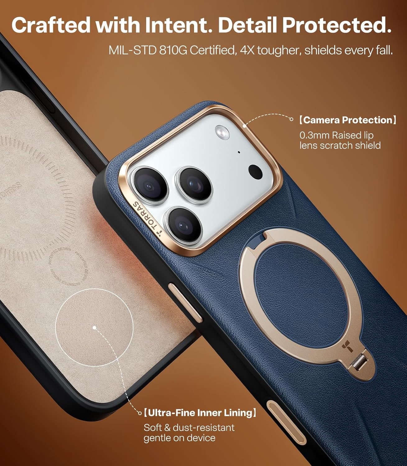 image:imageTORRAS Organic Leather for iPhone 17 Pro Case with Stand Fit for Magsafe 360 Spin Kickstand with Camera Control Premium Leather Durable Stylish Q3 VegSkin for iPhone 17 Pro Phone Case Burnt OrangeDeep Blue