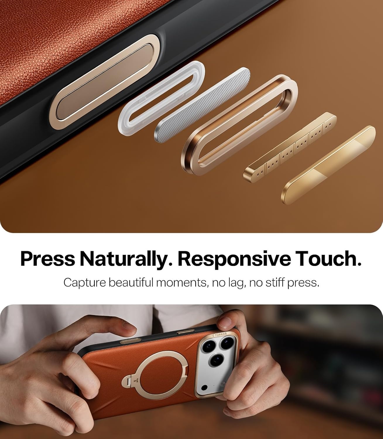 image:imageTORRAS Organic Leather for iPhone 17 Pro Case with Stand Fit for Magsafe 360 Spin Kickstand with Camera Control Premium Leather Durable Stylish Q3 VegSkin for iPhone 17 Pro Phone Case Burnt OrangeSaddle Brown