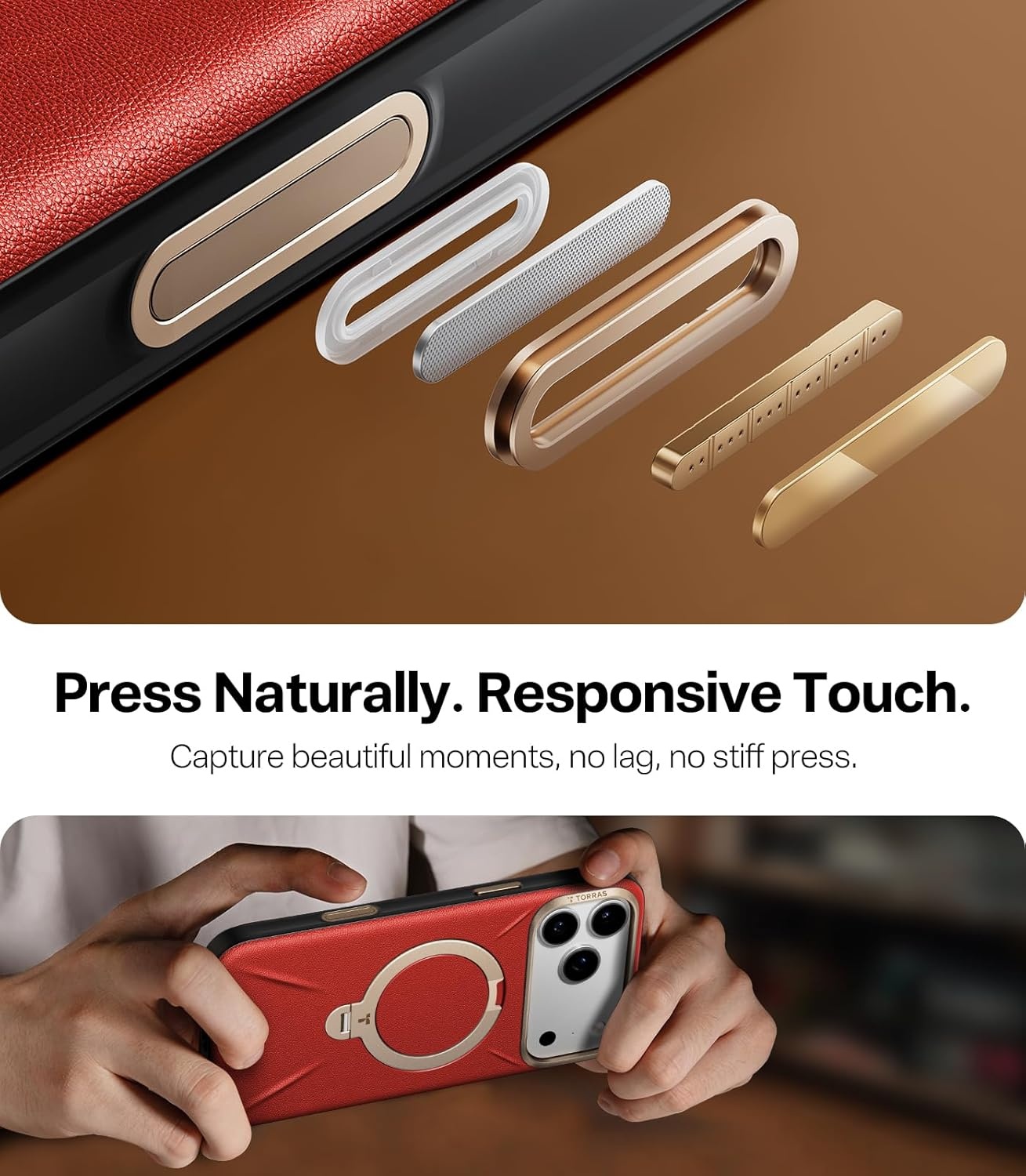 image:imageTORRAS Organic Leather for iPhone 17 Pro Case with Stand Fit for Magsafe 360 Spin Kickstand with Camera Control Premium Leather Durable Stylish Q3 VegSkin for iPhone 17 Pro Phone Case Burnt OrangeCrimson Red