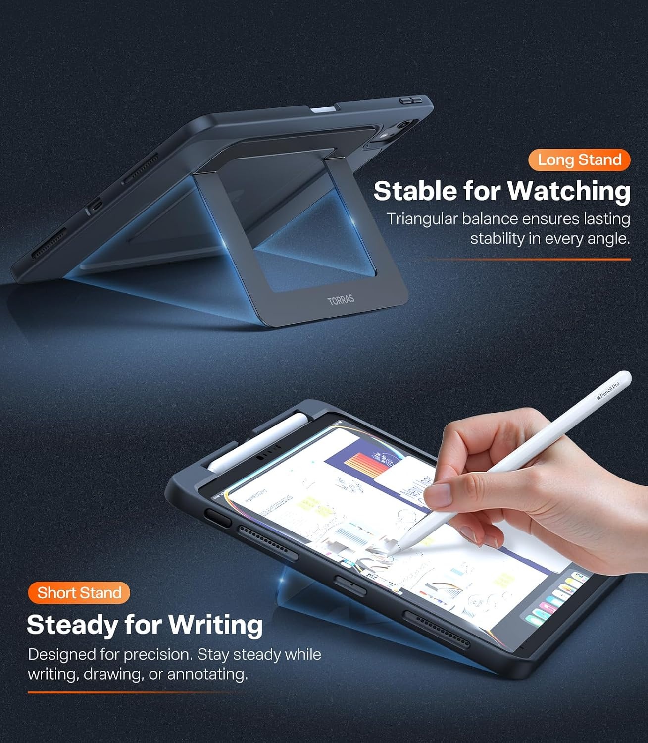 image:imageTORRAS Ostand K1 Guardian for iPad Pro 11 inch 4th3rd2nd1st Generation 2022 2021 2020 2018 with Pencil Holder Ultra Stable Stand Multiple Adjustable Viewing Angles Slim Protection BlackBlack