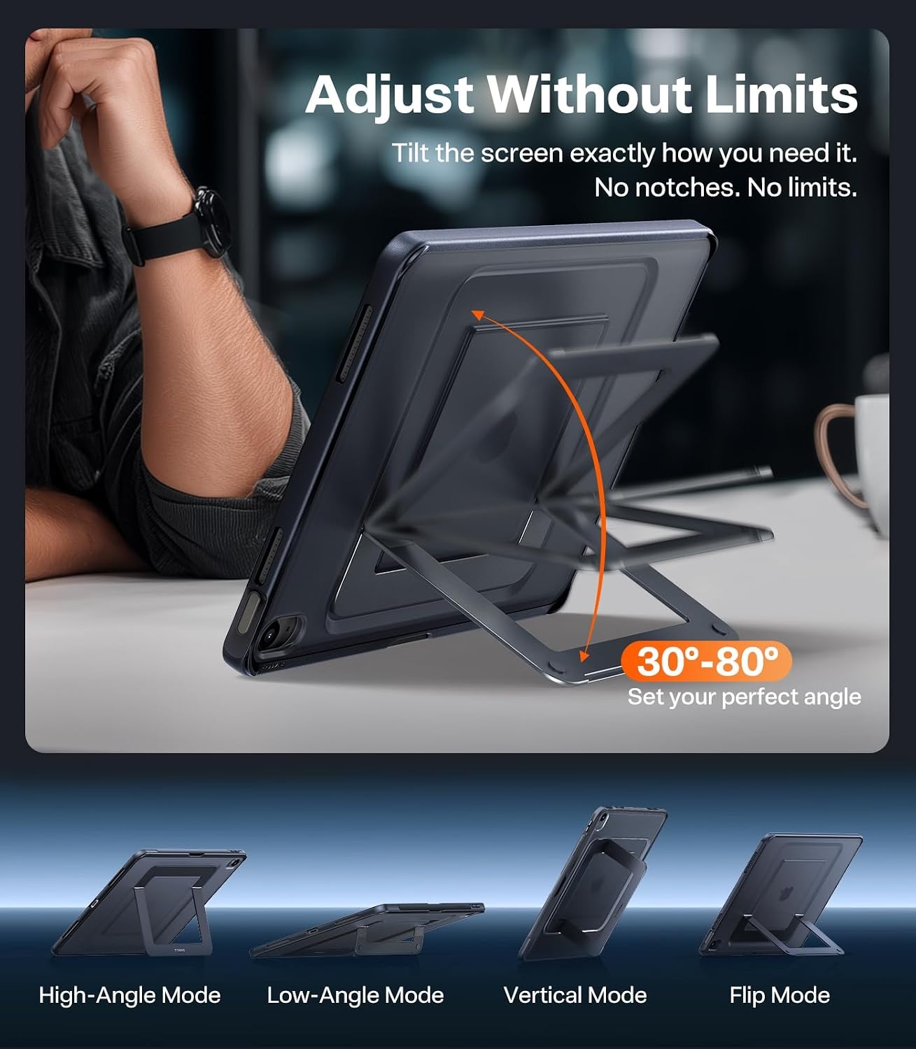 image:imageTORRAS Ostand K1 Guardian for iPad Pro 11 inch 4th3rd2nd1st Generation 2022 2021 2020 2018 with Pencil Holder Ultra Stable Stand Multiple Adjustable Viewing Angles Slim Protection BlackBlack