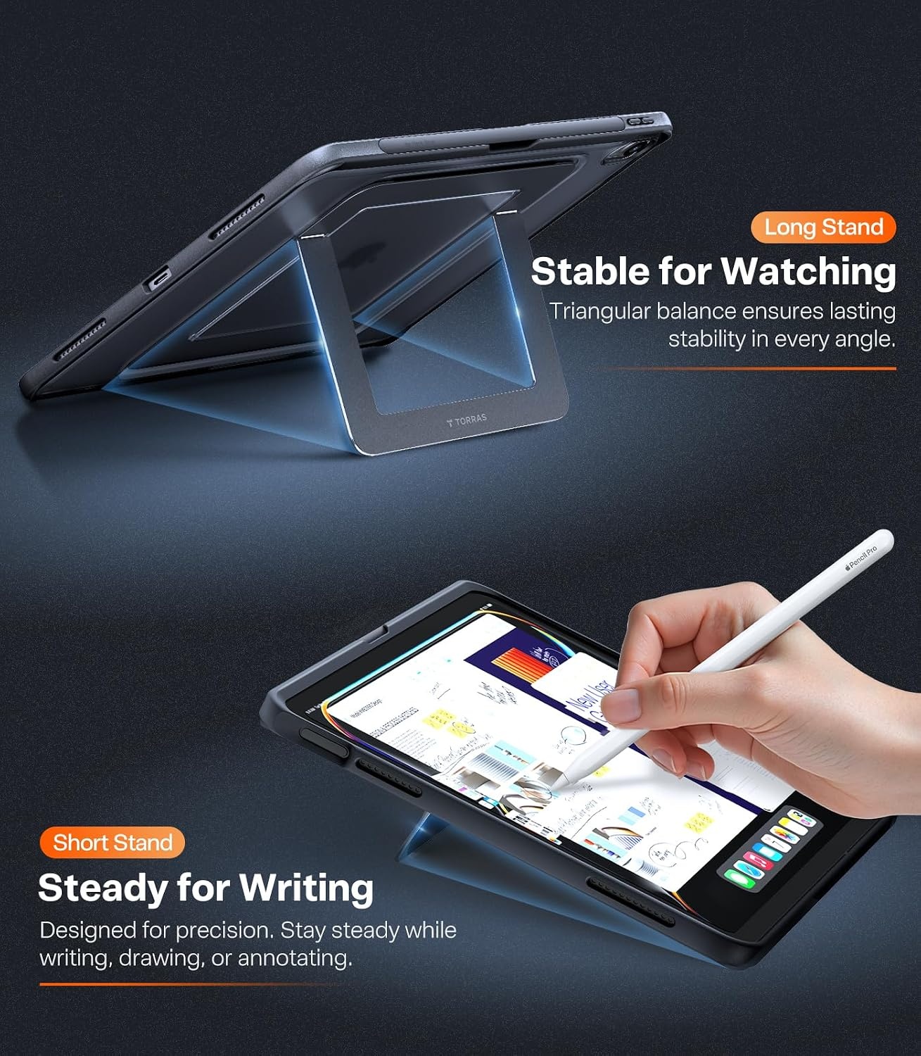 image:imageTORRAS Ostand K1 Guardian for iPad Pro 11 inch 4th3rd2nd1st Generation 2022 2021 2020 2018 with Pencil Holder Ultra Stable Stand Multiple Adjustable Viewing Angles Slim Protection BlackBlack