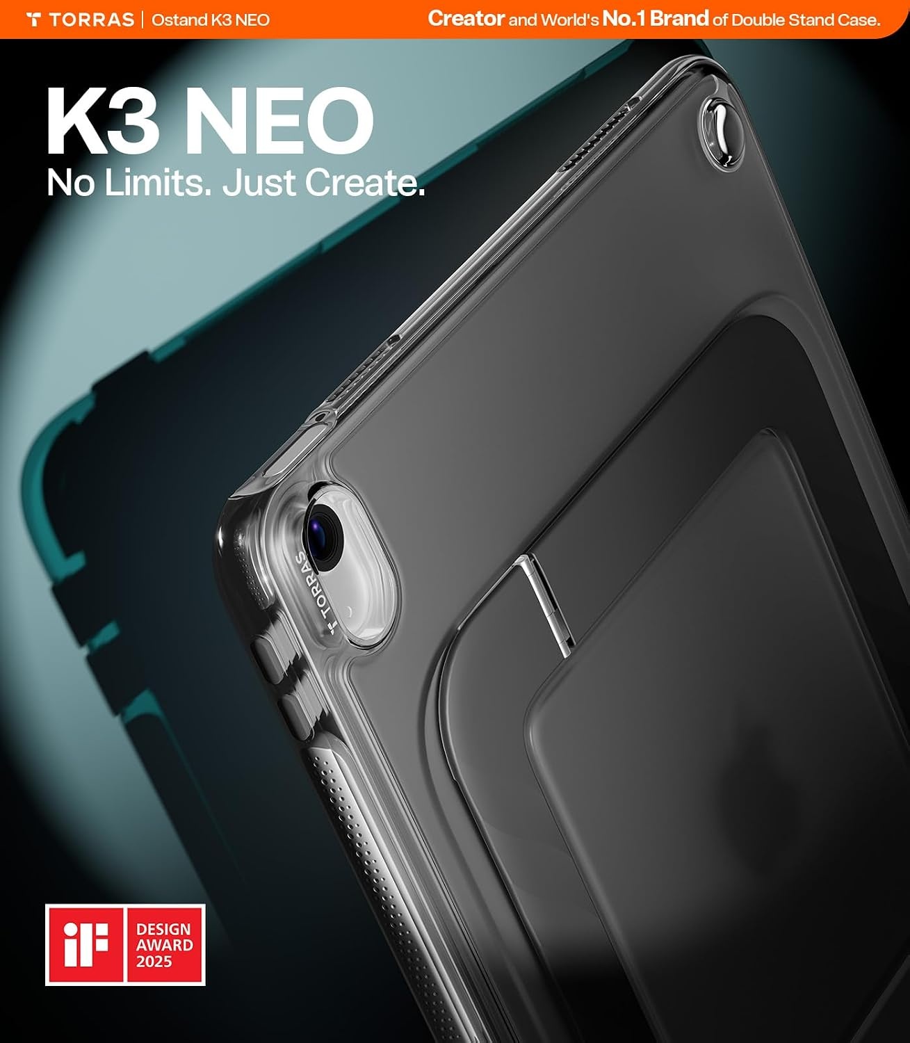 image:imageTORRAS Ostand K3 Neo for iPad Air 11 Inch Case M4 2026 M3 2025 M2 2024 Viewing Angles AdjustableUltra Stable Stand Shockproof Protective Slim Kickstand Case with Pencil Holder Glacier SprintObsidian Black