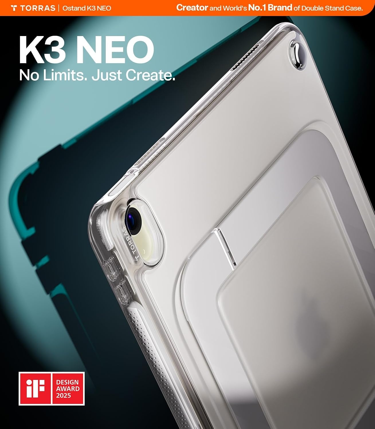 image:imageTORRAS Ostand K3 Neo for iPad Air 11 Inch Case M4 2026 M3 2025 M2 2024 Viewing Angles AdjustableUltra Stable Stand Shockproof Protective Slim Kickstand Case with Pencil Holder Glacier SprintMatte Translucent
