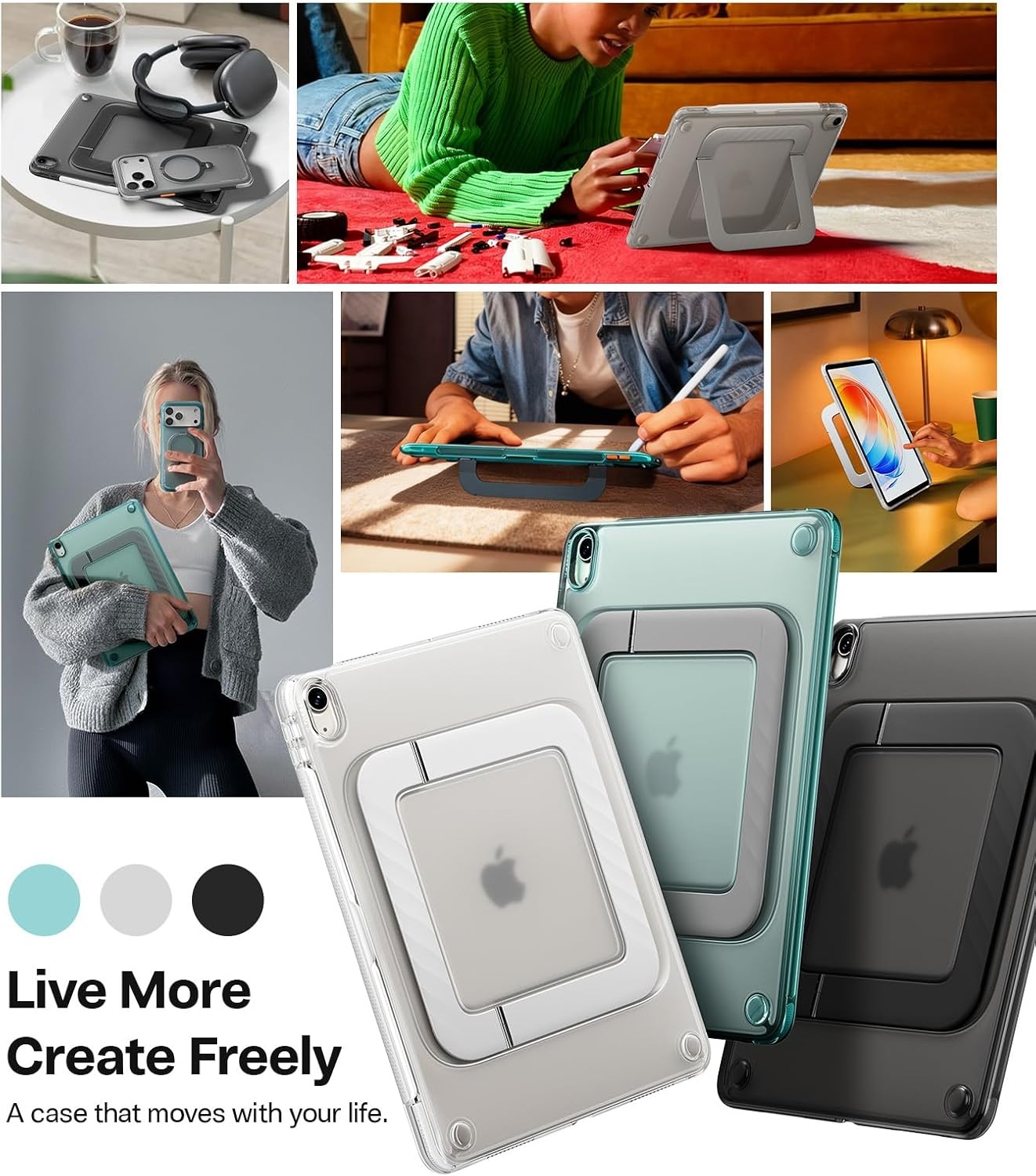 image:imageTORRAS Ostand K3 Neo for iPad Air 11 Inch Case M4 2026 M3 2025 M2 2024 Viewing Angles AdjustableUltra Stable Stand Shockproof Protective Slim Kickstand Case with Pencil Holder Glacier SprintObsidian Black
