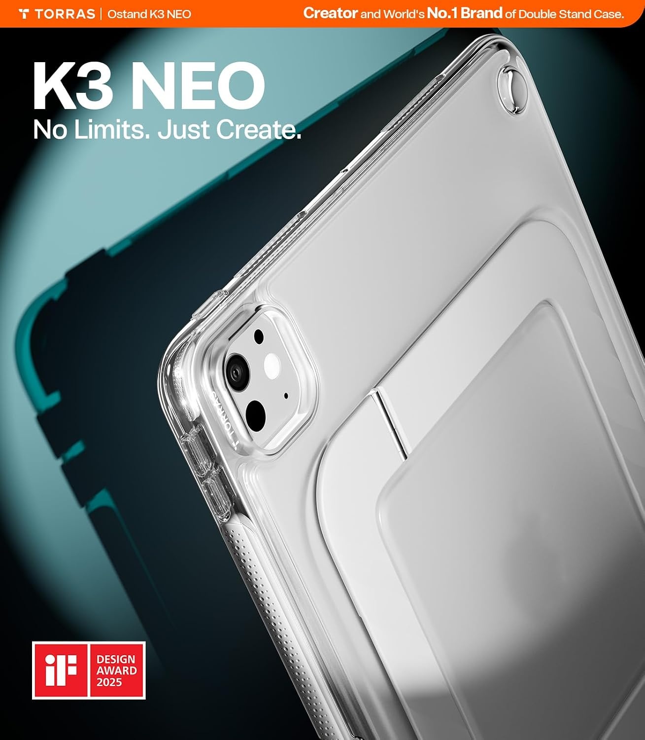 image:imageTORRAS Ostand K3 Neo for iPad Air 11 Inch Case M4 2026 M3 2025 M2 2024 Viewing Angles AdjustableUltra Stable Stand Shockproof Protective Slim Kickstand Case with Pencil Holder Glacier SprintMatte Translucent