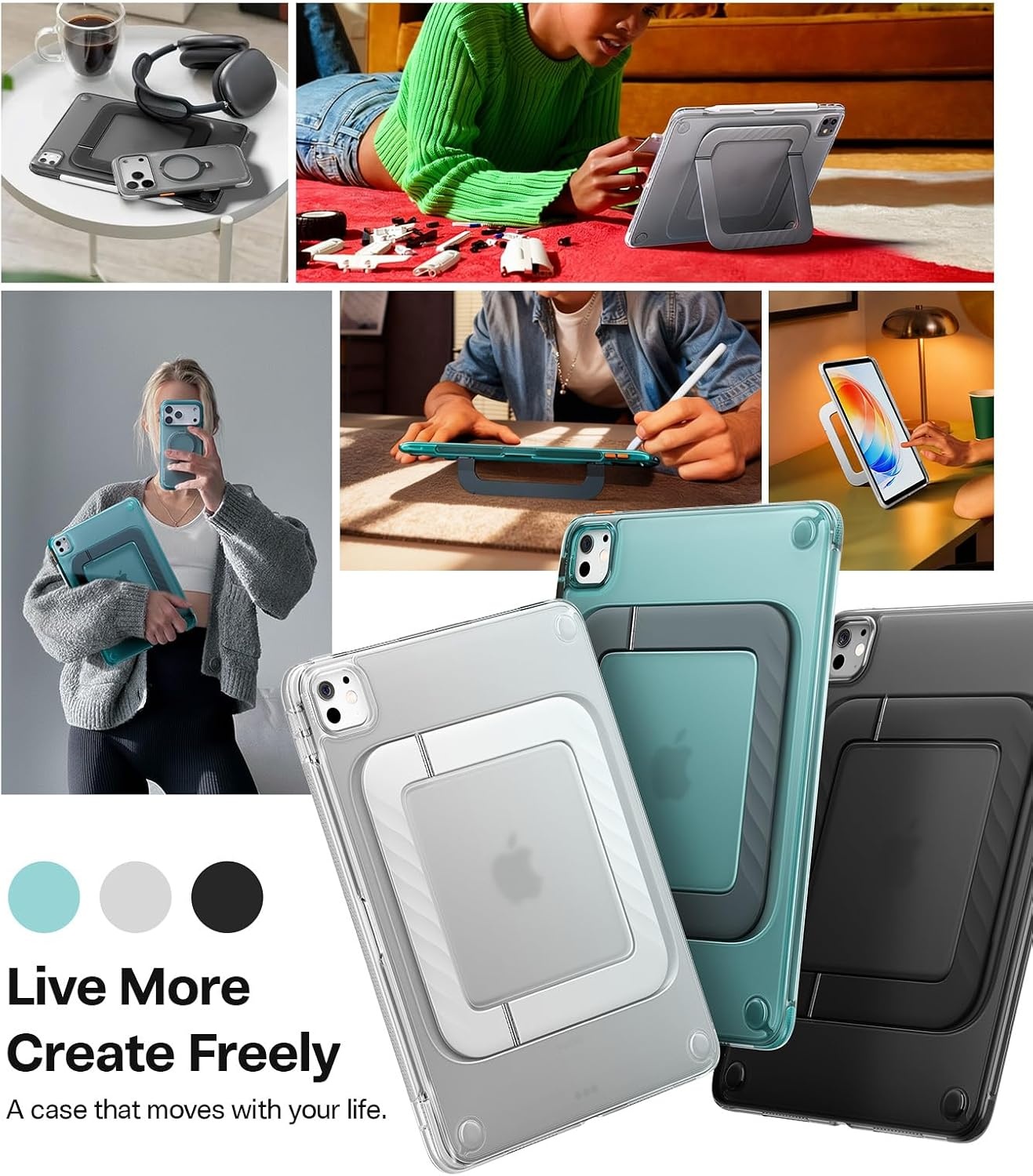 image:imageTORRAS Ostand K3 Neo for iPad Air 11 Inch Case M4 2026 M3 2025 M2 2024 Viewing Angles AdjustableUltra Stable Stand Shockproof Protective Slim Kickstand Case with Pencil Holder Glacier SprintObsidian Black
