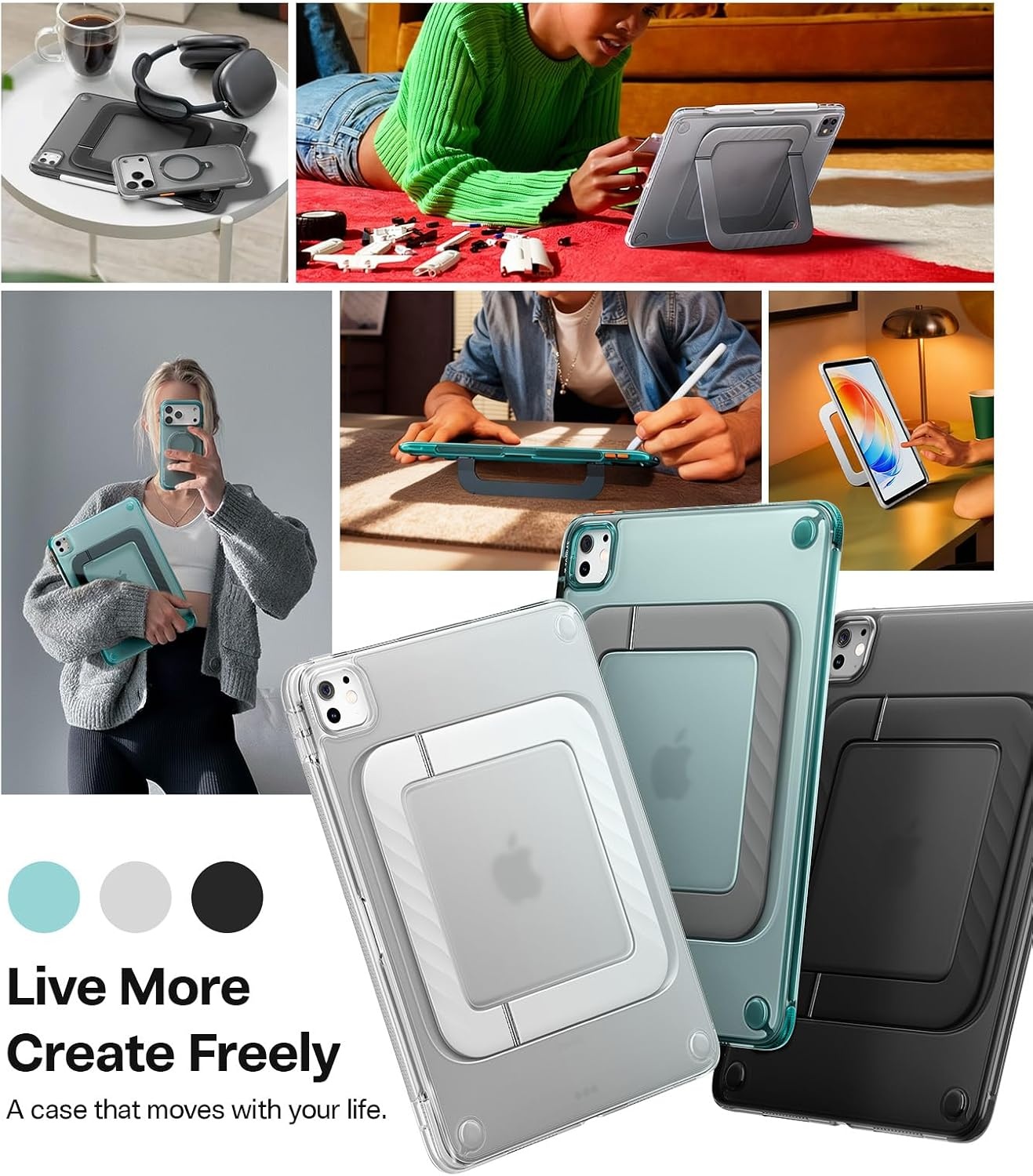 image:imageTORRAS Ostand K3 Neo for iPad Air 11 Inch Case M4 2026 M3 2025 M2 2024 Viewing Angles AdjustableUltra Stable Stand Shockproof Protective Slim Kickstand Case with Pencil Holder Glacier SprintObsidian Black