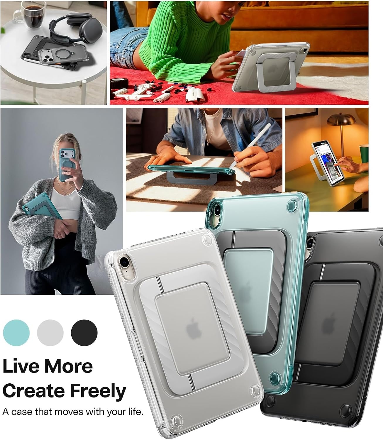 image:imageTORRAS Ostand K3 Neo for iPad Air 11 Inch Case M4 2026 M3 2025 M2 2024 Viewing Angles AdjustableUltra Stable Stand Shockproof Protective Slim Kickstand Case with Pencil Holder Glacier SprintObsidian Black
