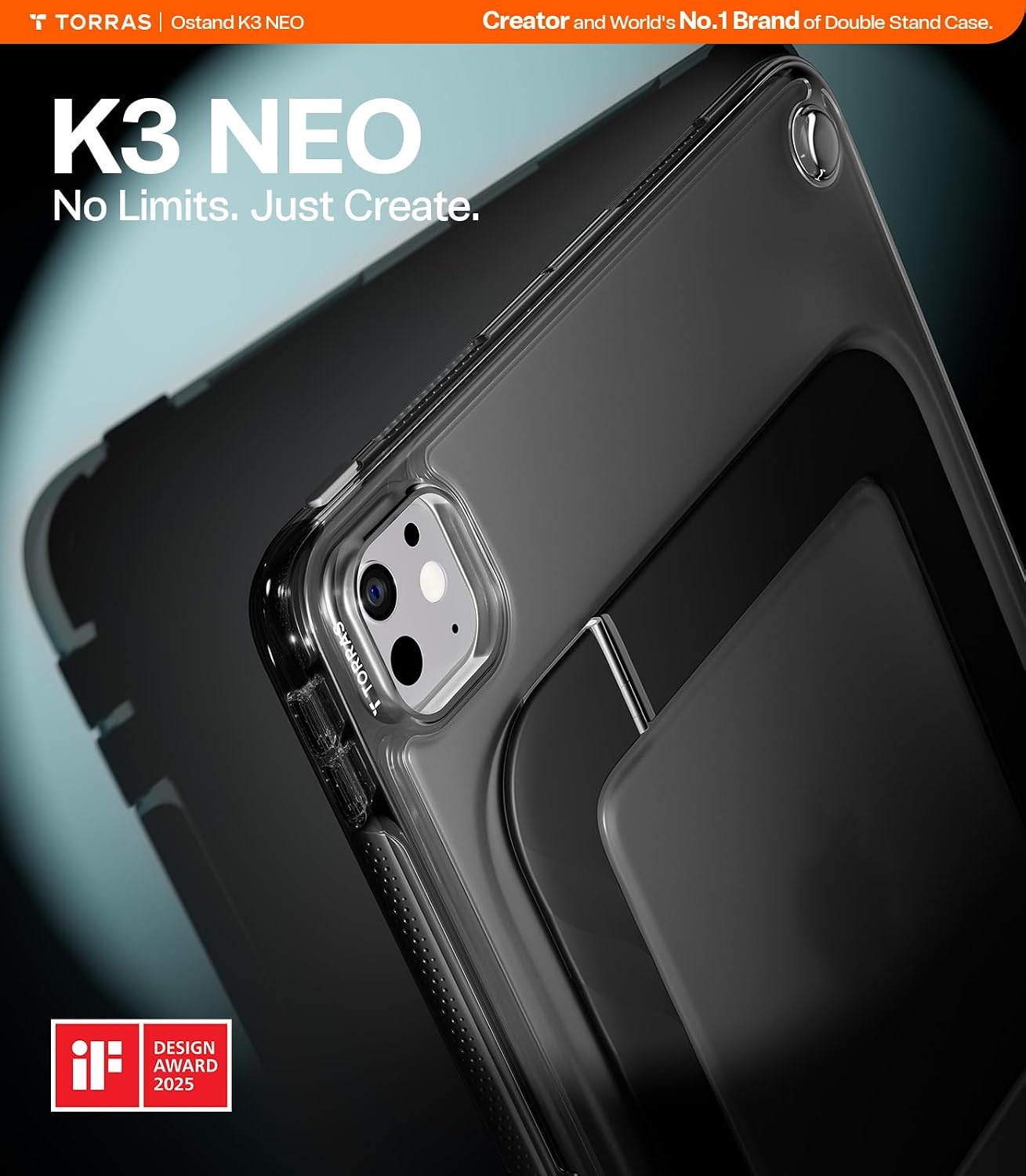 image:imageTORRAS Ostand K3 Neo for iPad Air 11 Inch Case M4 2026 M3 2025 M2 2024 Viewing Angles AdjustableUltra Stable Stand Shockproof Protective Slim Kickstand Case with Pencil Holder Glacier SprintObsidian Black