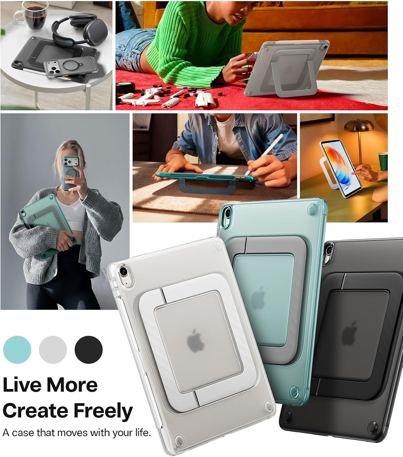image:imageTORRAS Ostand K3 Neo for iPad Air 11 Inch Case M4 2026 M3 2025 M2 2024 Viewing Angles AdjustableUltra Stable Stand Shockproof Protective Slim Kickstand Case with Pencil Holder Glacier SprintMatte Translucent