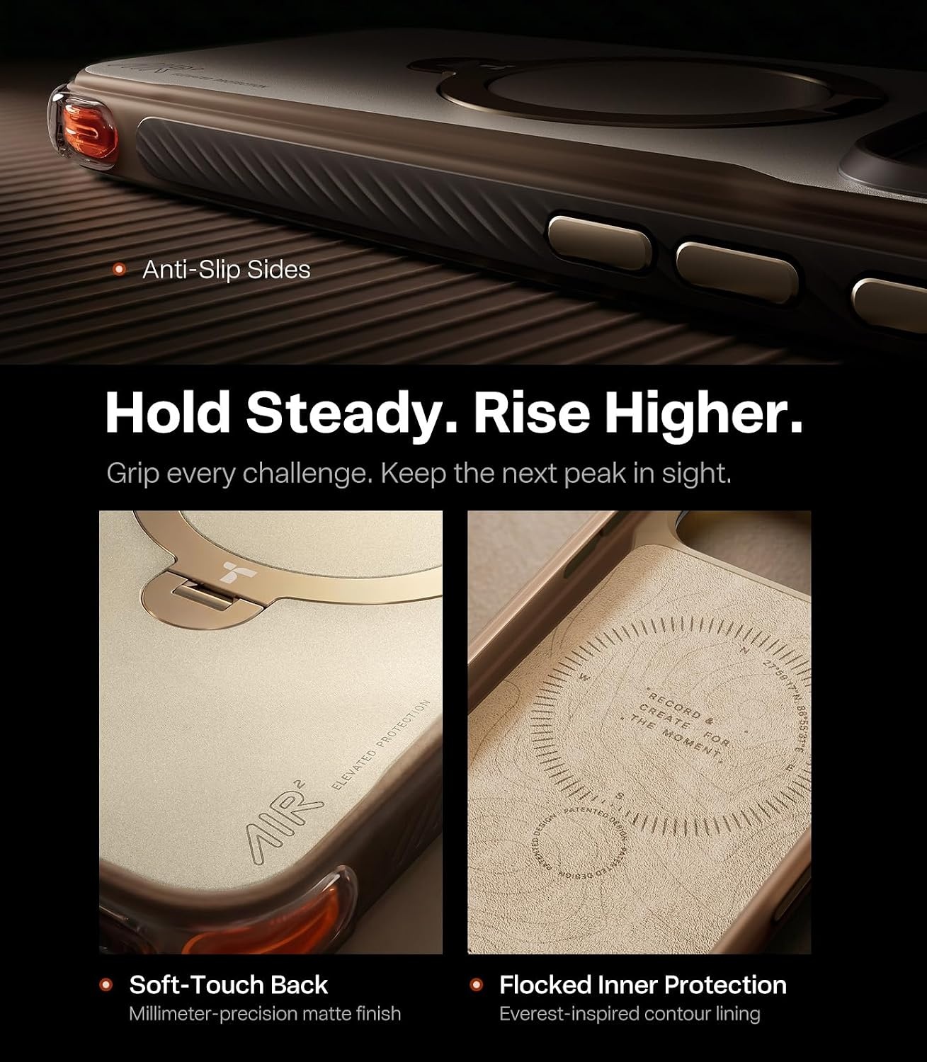image:imageTORRAS Ostand Q3 Air Pro for iPhone 17 Pro Case 360 Magnetic Stand Fit for MagSafe Dual Airbag Protection AntiSlip Shockproof Phone Case for iPhone 17 Pro WhiteBrown