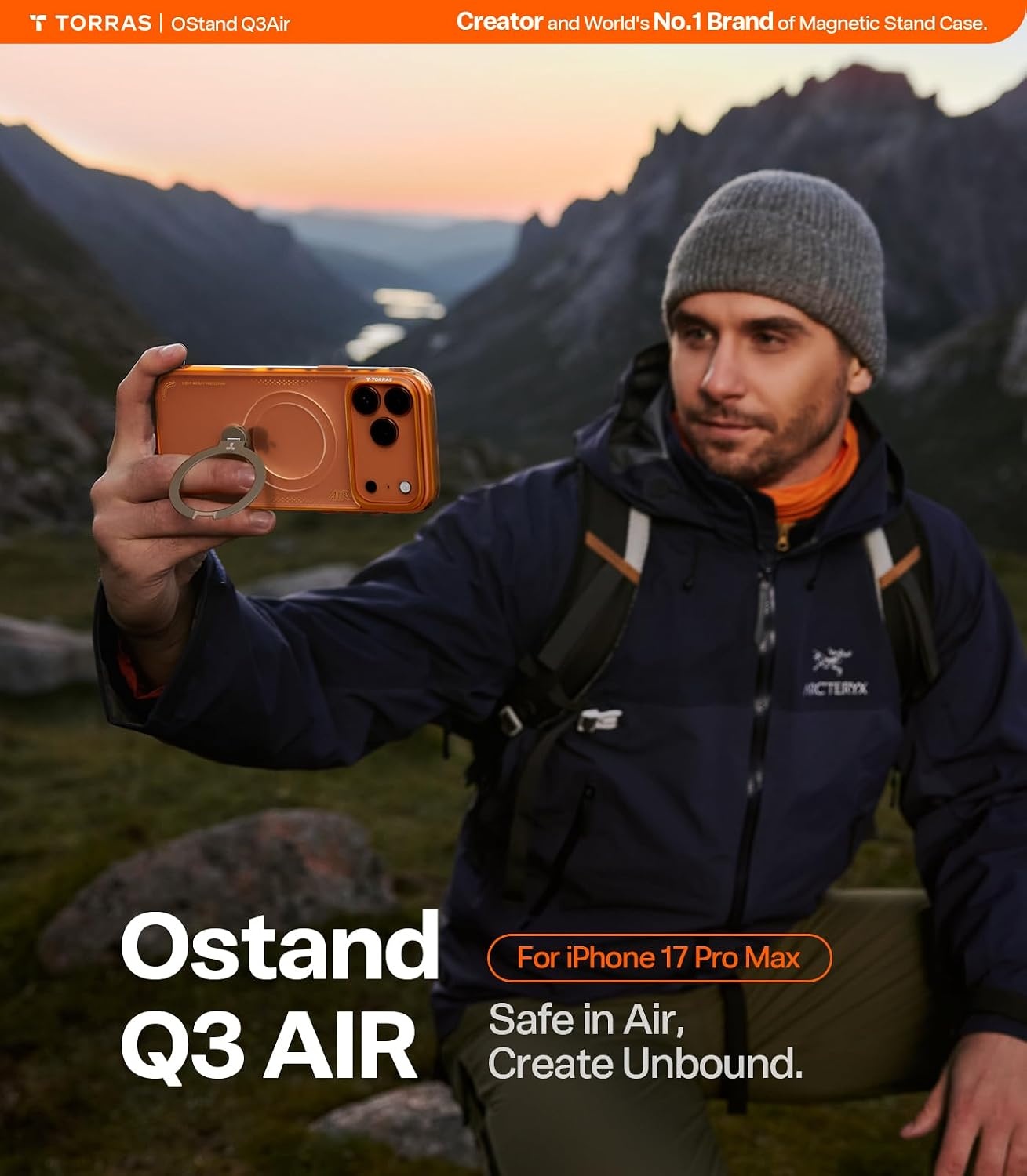 image:imageTORRAS Ostand Q3 Air for iPhone 16 Pro Max Case with 360 Magnetic Stand Fit for MagSafe Military Grade Drop Tested Camera Control Button Shockproof Phone Case for iPhone 16 Pro Max 69 BlackHorizon Orange