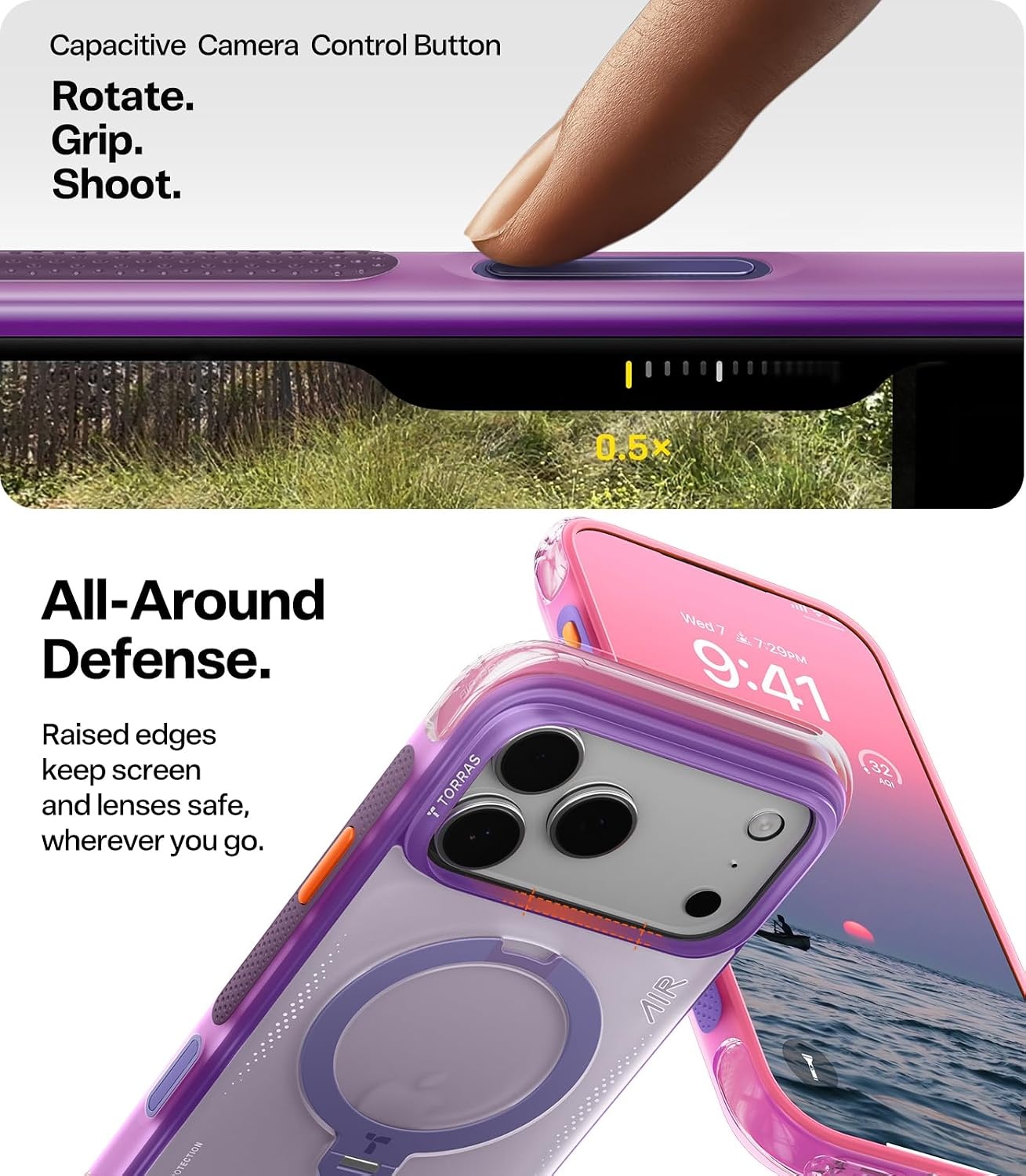 image:imageTORRAS Ostand Q3 Air for iPhone 16 Pro Max Case with 360 Magnetic Stand Fit for MagSafe Military Grade Drop Tested Camera Control Button Shockproof Phone Case for iPhone 16 Pro Max 69 BlackNeon Pink