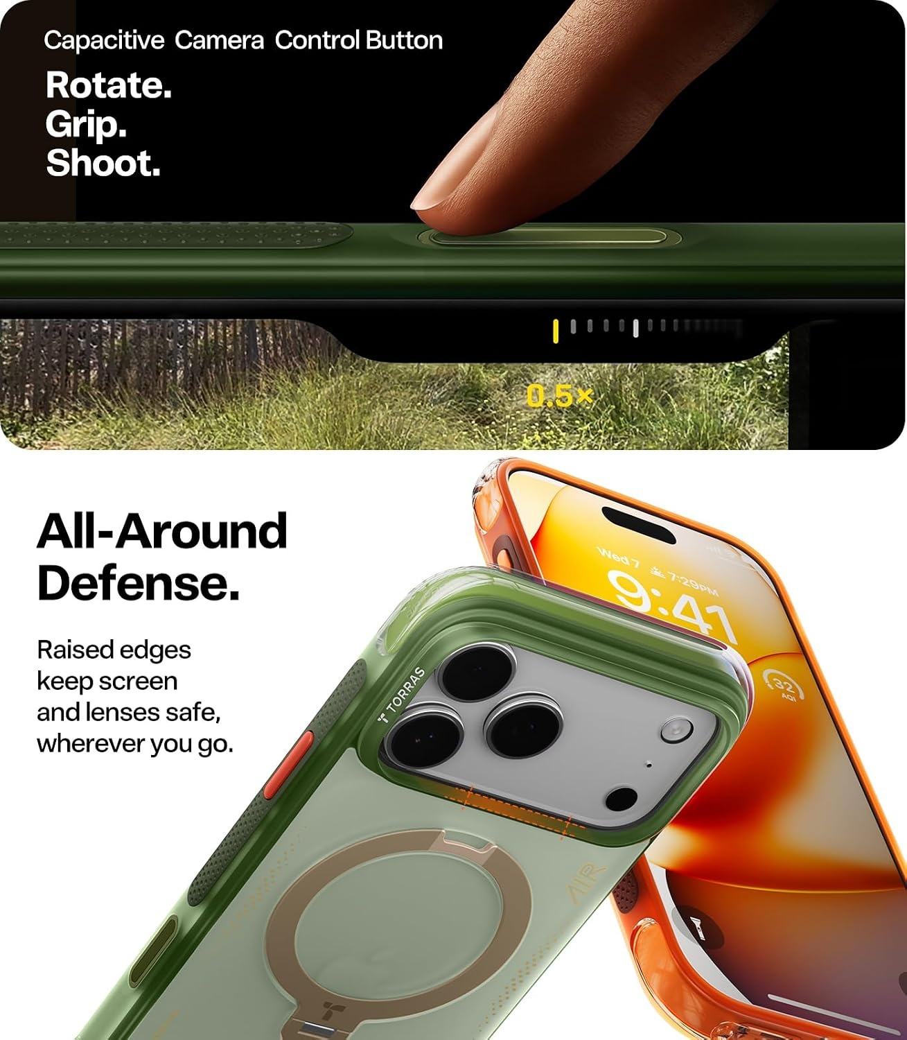 image:imageTORRAS Ostand Q3 Air for iPhone 16 Pro Max Case with 360 Magnetic Stand Fit for MagSafe Military Grade Drop Tested Camera Control Button Shockproof Phone Case for iPhone 16 Pro Max 69 BlackEver Green