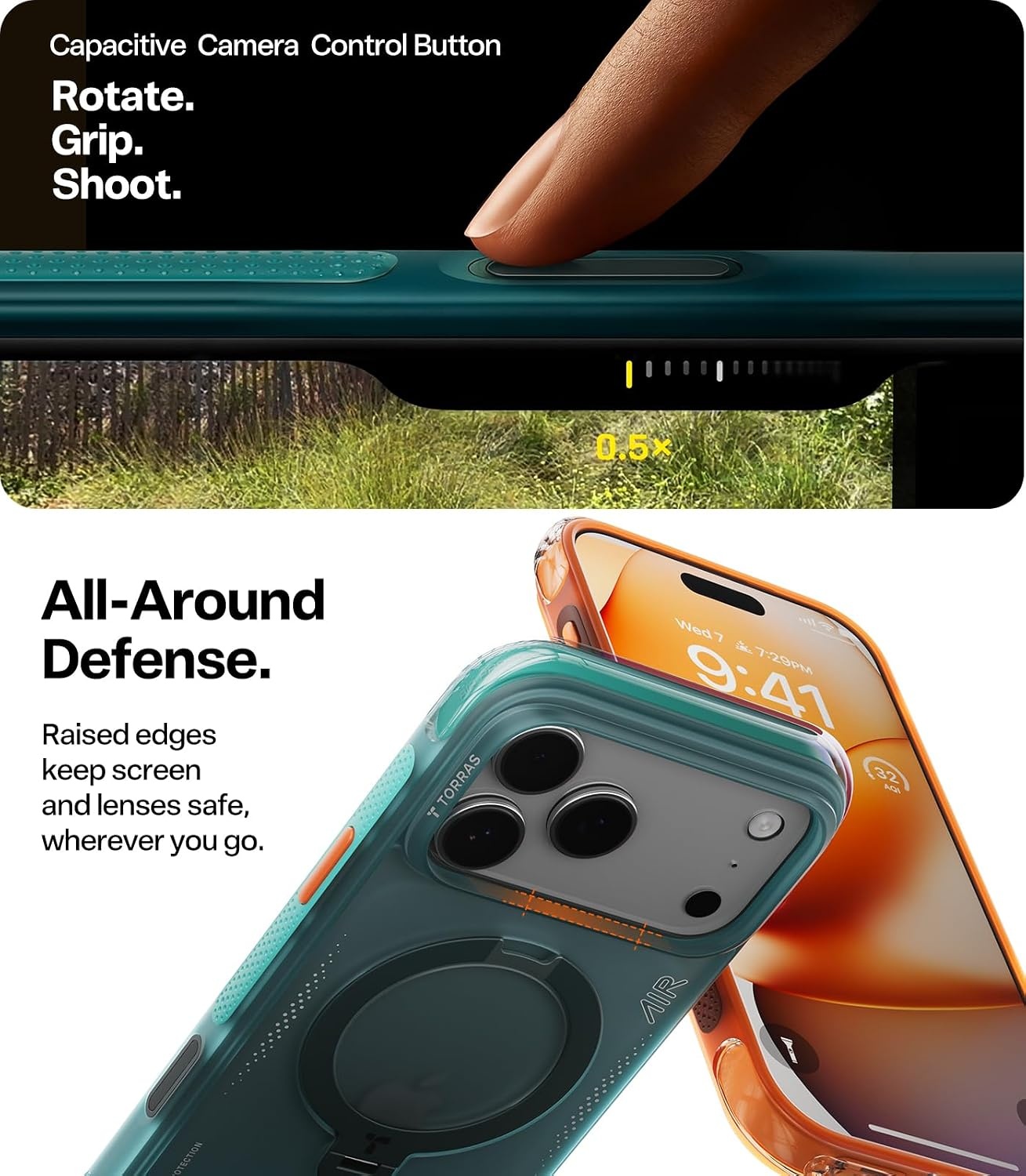 image:imageTORRAS Ostand Q3 Air for iPhone 16 Pro Max Case with 360 Magnetic Stand Fit for MagSafe Military Grade Drop Tested Camera Control Button Shockproof Phone Case for iPhone 16 Pro Max 69 BlackHorizon Orange