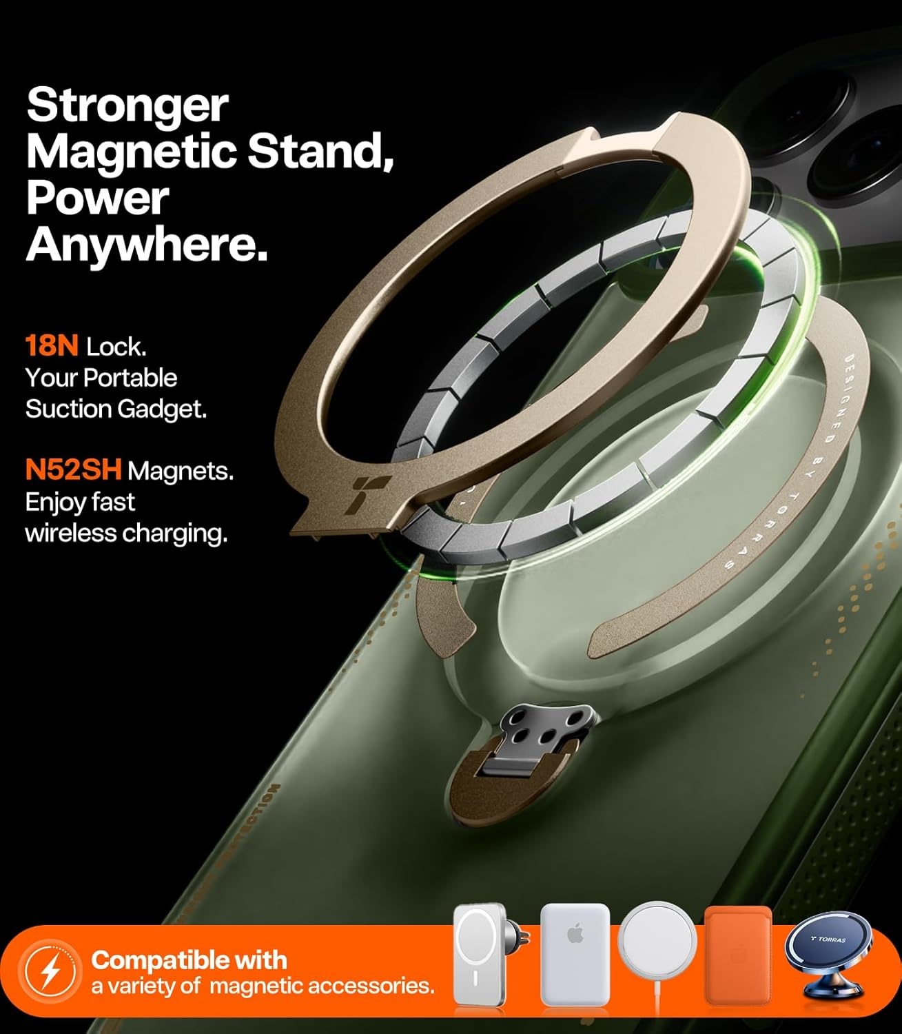 image:imageTORRAS Ostand Q3 Air for iPhone 16 Pro Max Case with 360 Magnetic Stand Fit for MagSafe Military Grade Drop Tested Camera Control Button Shockproof Phone Case for iPhone 16 Pro Max 69 BlackEver Green