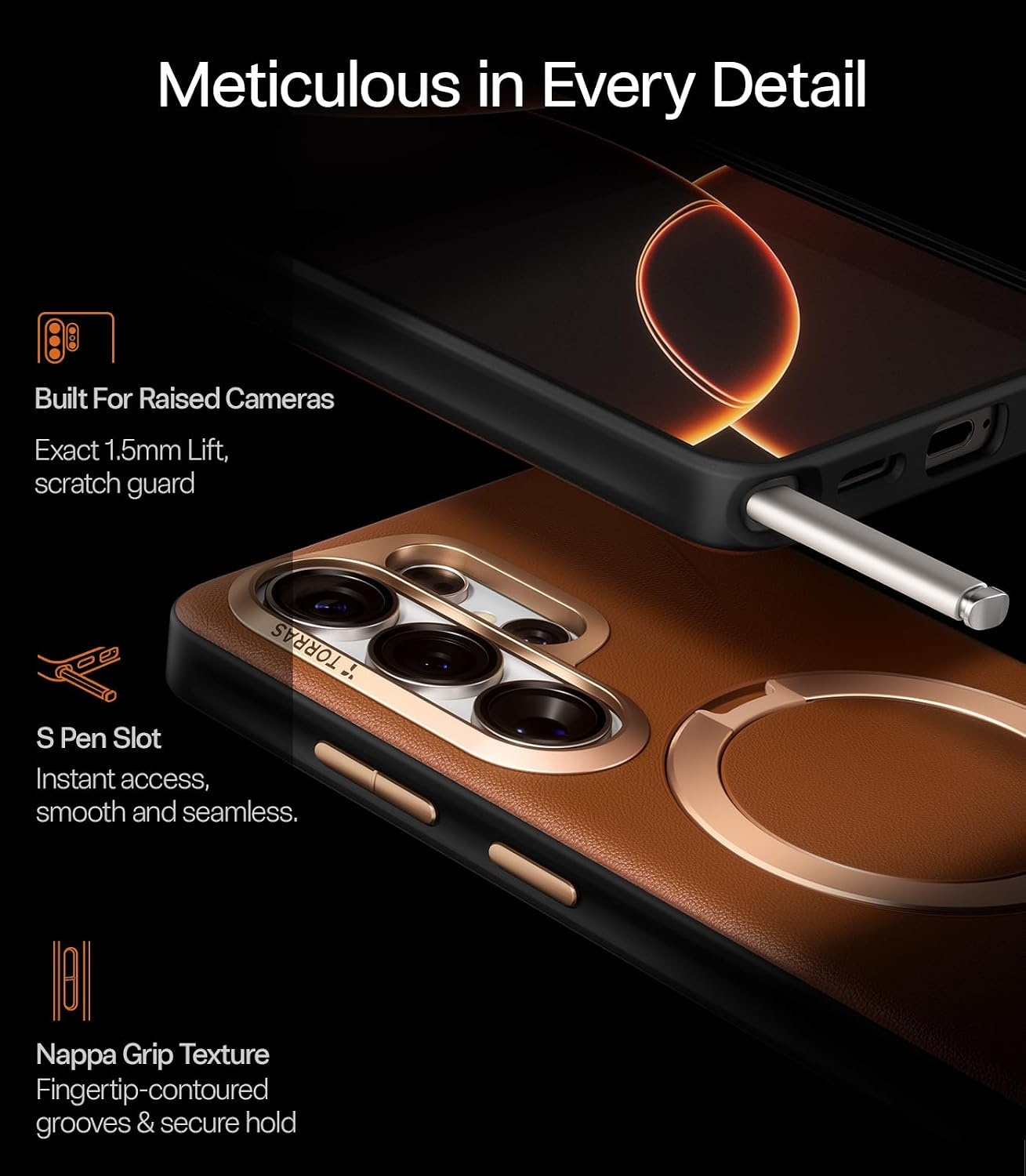 image:imageTORRAS Ostand Q3 VegSkin for Samsung Galaxy S26 Ultra Case Leather 360 Magnetic Stand Fit for MagSafe Premium Vegan Leather Case for S26 Ultra Case Microfiber Lining Amber Brown