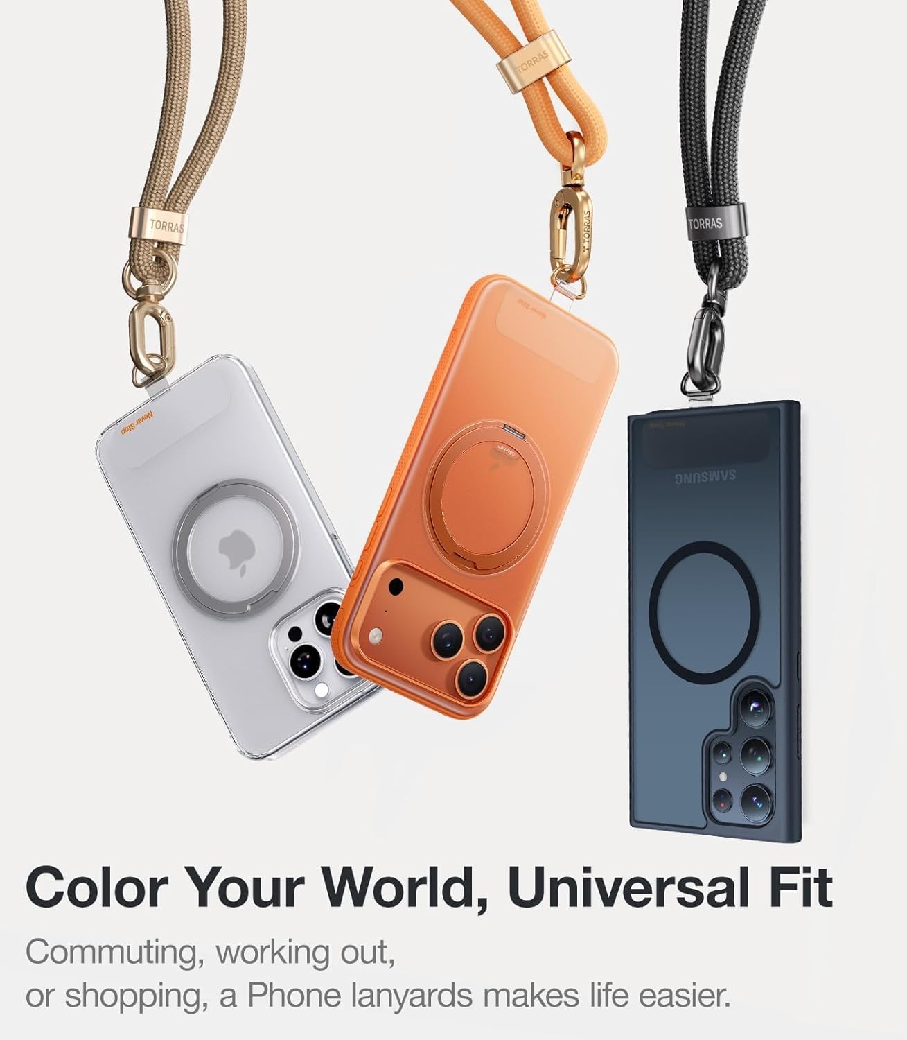 image:imageTORRAS Phone Lanyard Crossbody with 2 Phone Tabs Adjustable Anti Theft Phone Strap for All Phones Premium Metal Buckles SkinFriendly Universal Cell Phone Neck lanyard for Travel Essentials Black8orange