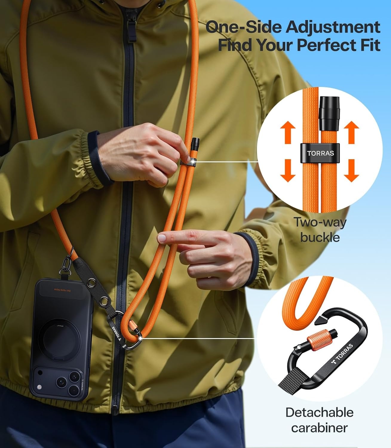 image:imageTORRAS Phone Lanyard with Hanging Loops Adjustable Anti Theft Phone Strap Crossbody for iPhone 17 Pro MaxSkinFriendly2 Tabs Universal Cell Phone Neck Lanyard for Daily amp Outdoor Activities Black5orange