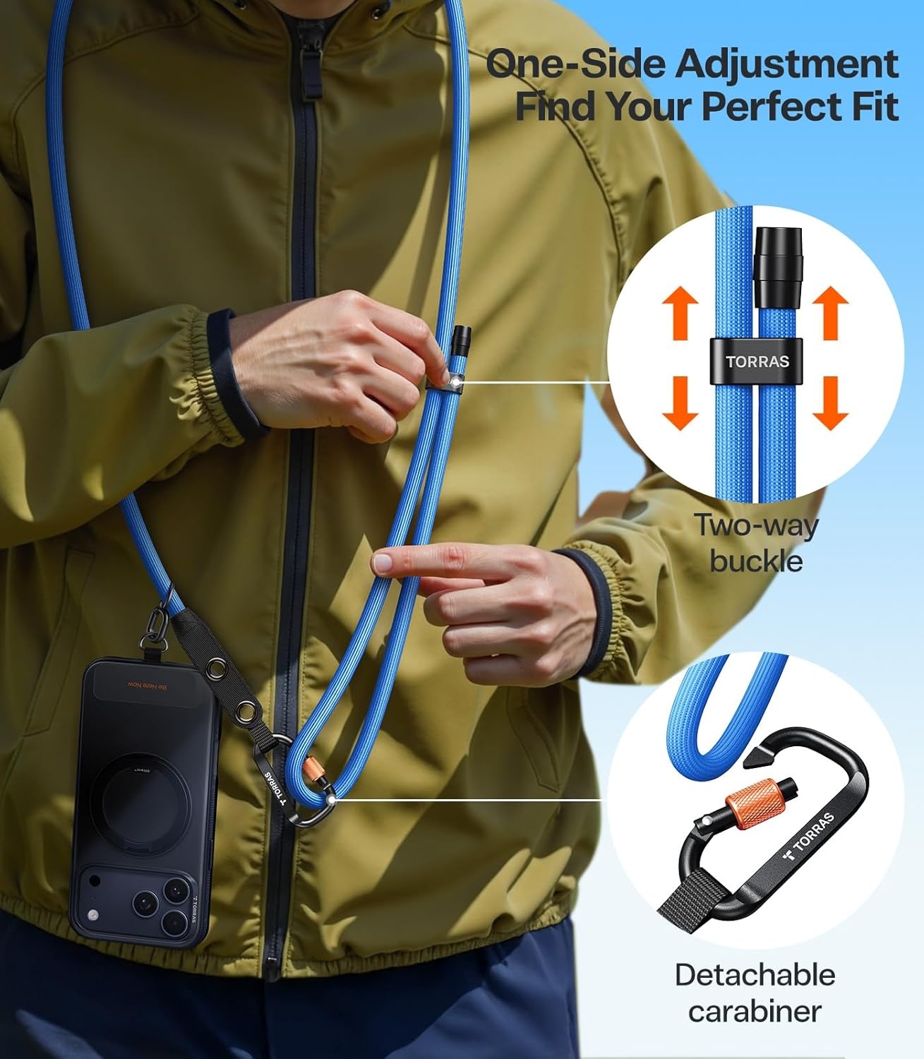 image:imageTORRAS Phone Lanyard with Hanging Loops Adjustable Anti Theft Phone Strap Crossbody for iPhone 17 Pro MaxSkinFriendly2 Tabs Universal Cell Phone Neck Lanyard for Daily amp Outdoor Activities Black3blue