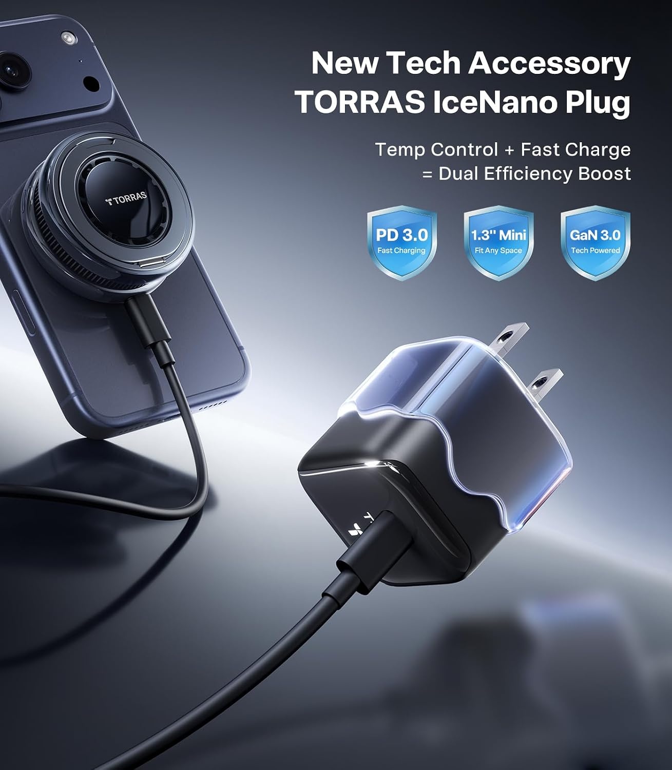 image:imageTORRAS PolarCircle Qi22 Wireless Charger 25W Cooling Magnetic Pad for iPhone 1716 Wireless Charger for Samsung Galaxy S26S25 with 360Spin Stand Semiconductor Game Cooler with 45W IceNano PlugSapphire Black