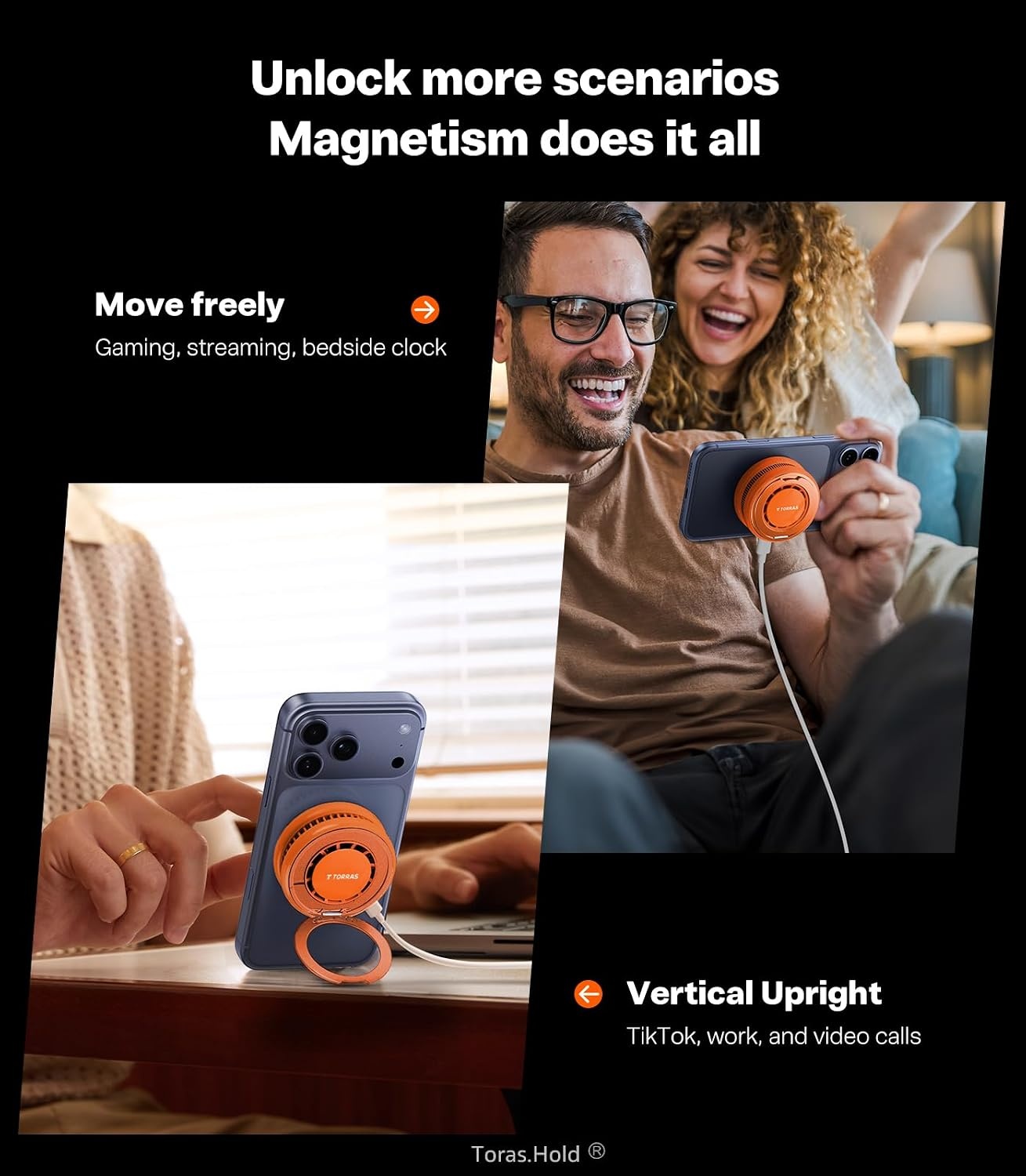 image:imageTORRAS PolarCircle Qi22 Wireless Charger 25W Cooling Magnetic Pad for iPhone 1716 Wireless Charger for Samsung Galaxy S26S25 with 360Spin Stand Semiconductor Game Cooler with 45W IceNano PlugOrange