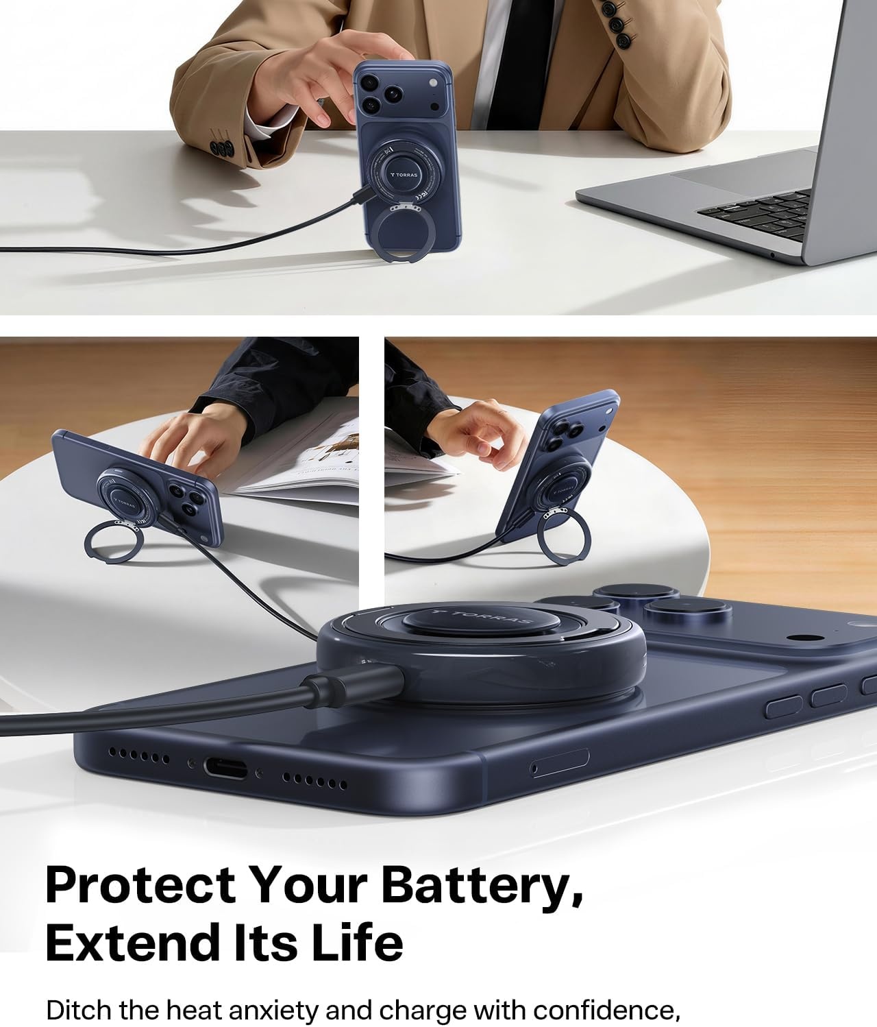 image:imageTORRAS PolarCircle Qi22 Wireless Charger 25W Cooling Magnetic Pad for iPhone 1716 Wireless Charger for Samsung Galaxy S26S25 with 360Spin Stand Semiconductor Game Cooler with 45W IceNano PlugBlack
