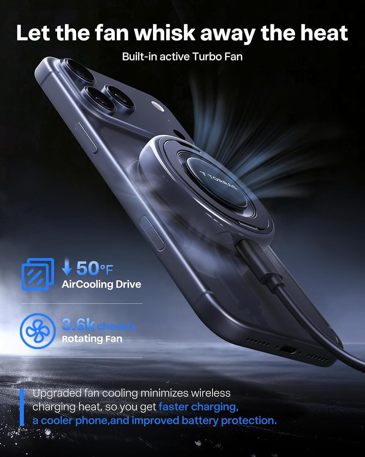 image:imageTORRAS PolarCircle Qi22 Wireless Charger 25W Cooling Magnetic Pad for iPhone 1716 Wireless Charger for Samsung Galaxy S26S25 with 360Spin Stand Semiconductor Game Cooler with 45W IceNano PlugBlack