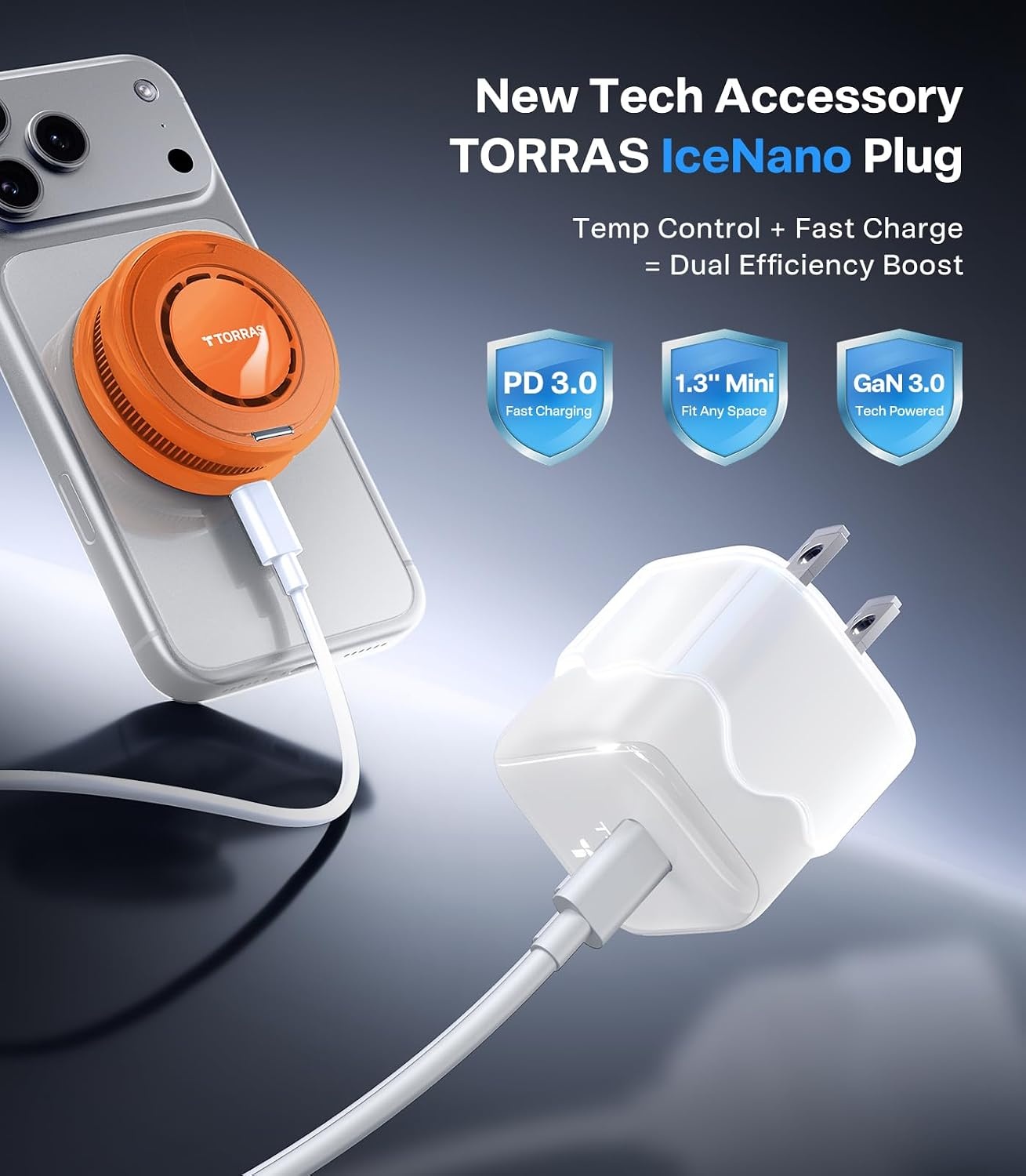image:imageTORRAS PolarCircle Qi22 Wireless Charger 25W Cooling Magnetic Pad for iPhone 1716 Wireless Charger for Samsung Galaxy S26S25 with 360Spin Stand Semiconductor Game Cooler with 45W IceNano PlugOrange