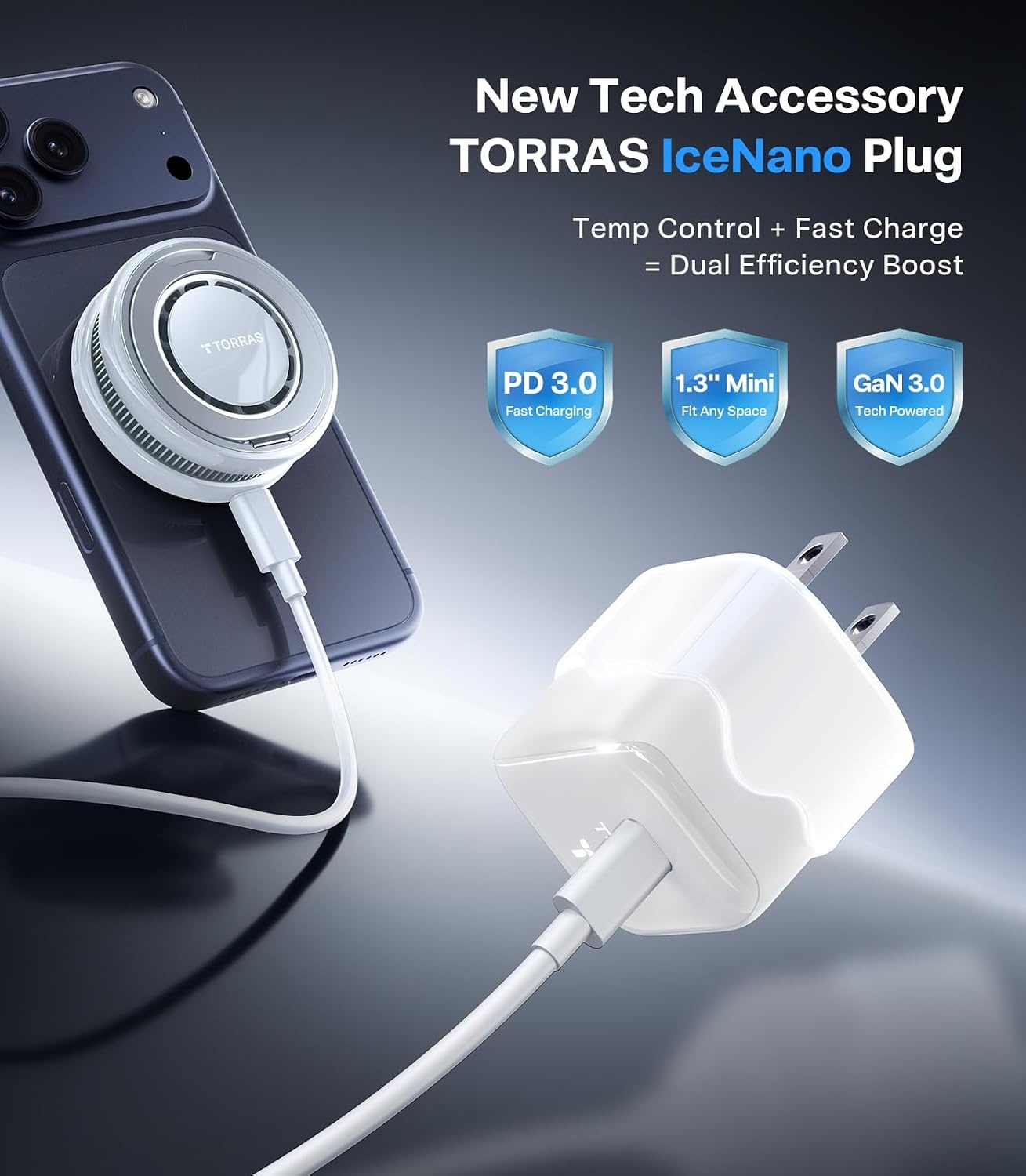 image:imageTORRAS PolarCircle Qi22 Wireless Charger 25W Cooling Magnetic Pad for iPhone 1716 Wireless Charger for Samsung Galaxy S26S25 with 360Spin Stand Semiconductor Game Cooler with 45W IceNano PlugWhite