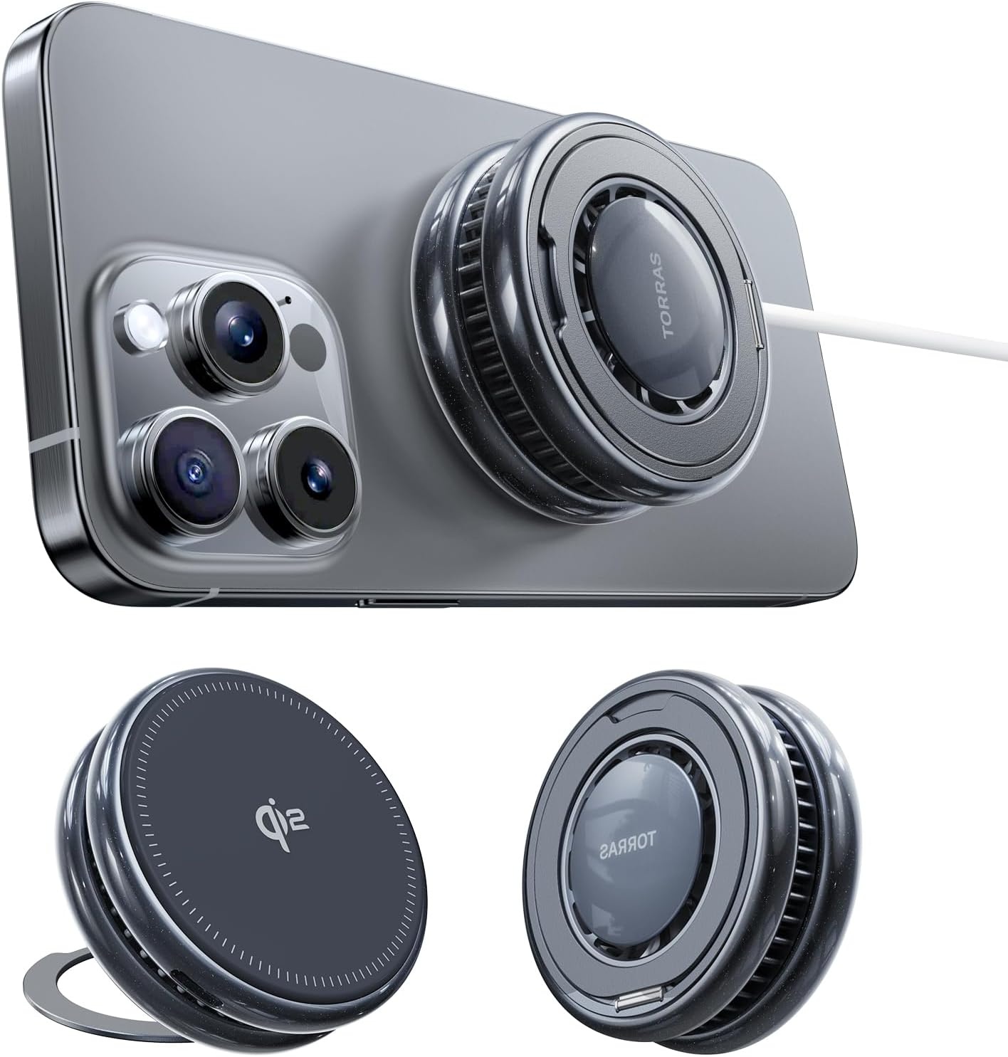 image:imageTORRAS PolarCircle Qi22 Wireless Charger 25W Cooling Magnetic Pad for iPhone 1716 Wireless Charger for Samsung Galaxy S26S25 with 360Spin Stand Semiconductor Game Cooler with 45W IceNano PlugBlack