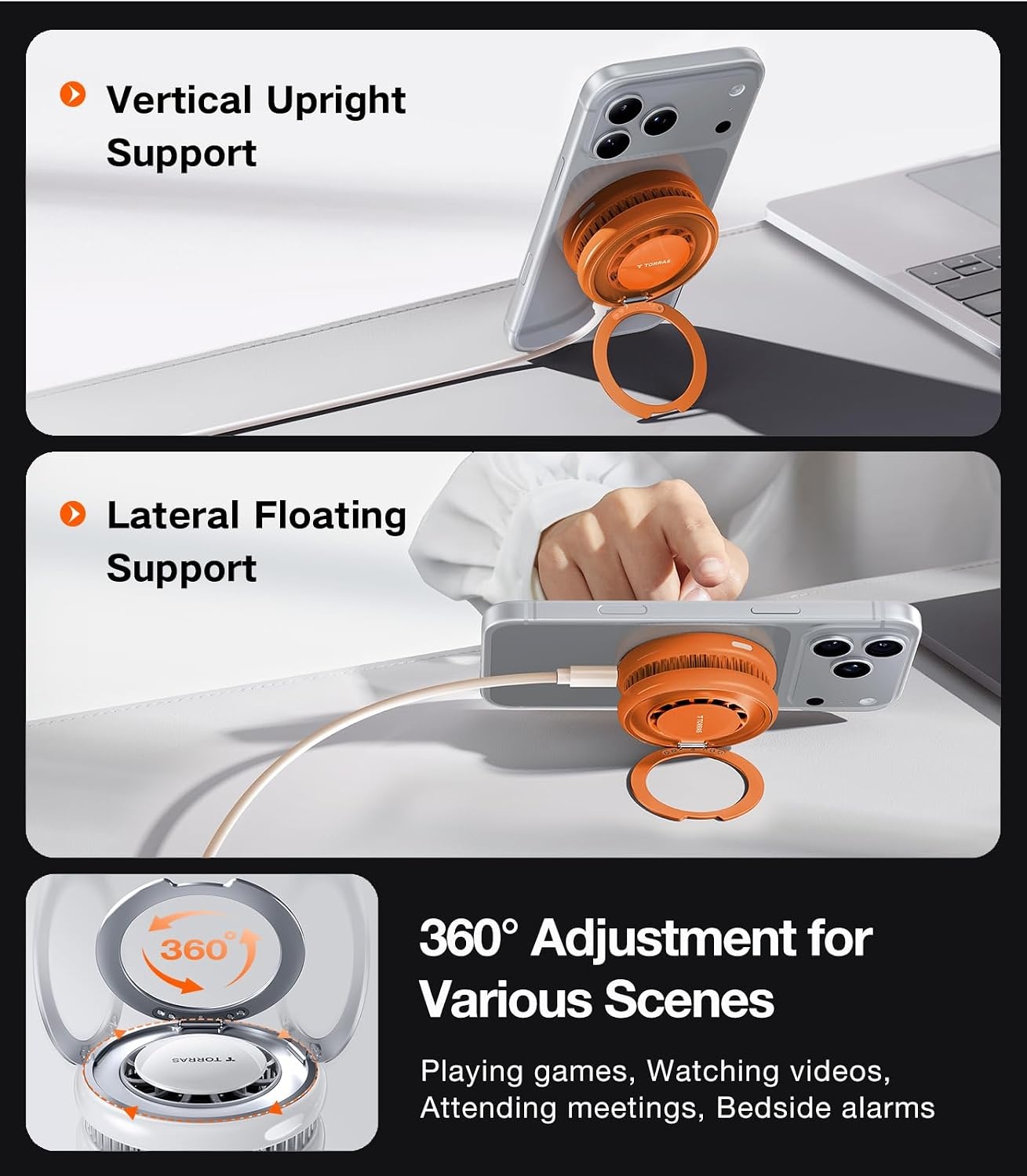 image:imageTORRAS PolarCircle Qi22 Wireless Charger 25W Cooling Magnetic Pad for iPhone 1716 Wireless Charger for Samsung Galaxy S26S25 with 360Spin Stand Semiconductor Game Cooler with 45W IceNano PlugOrange