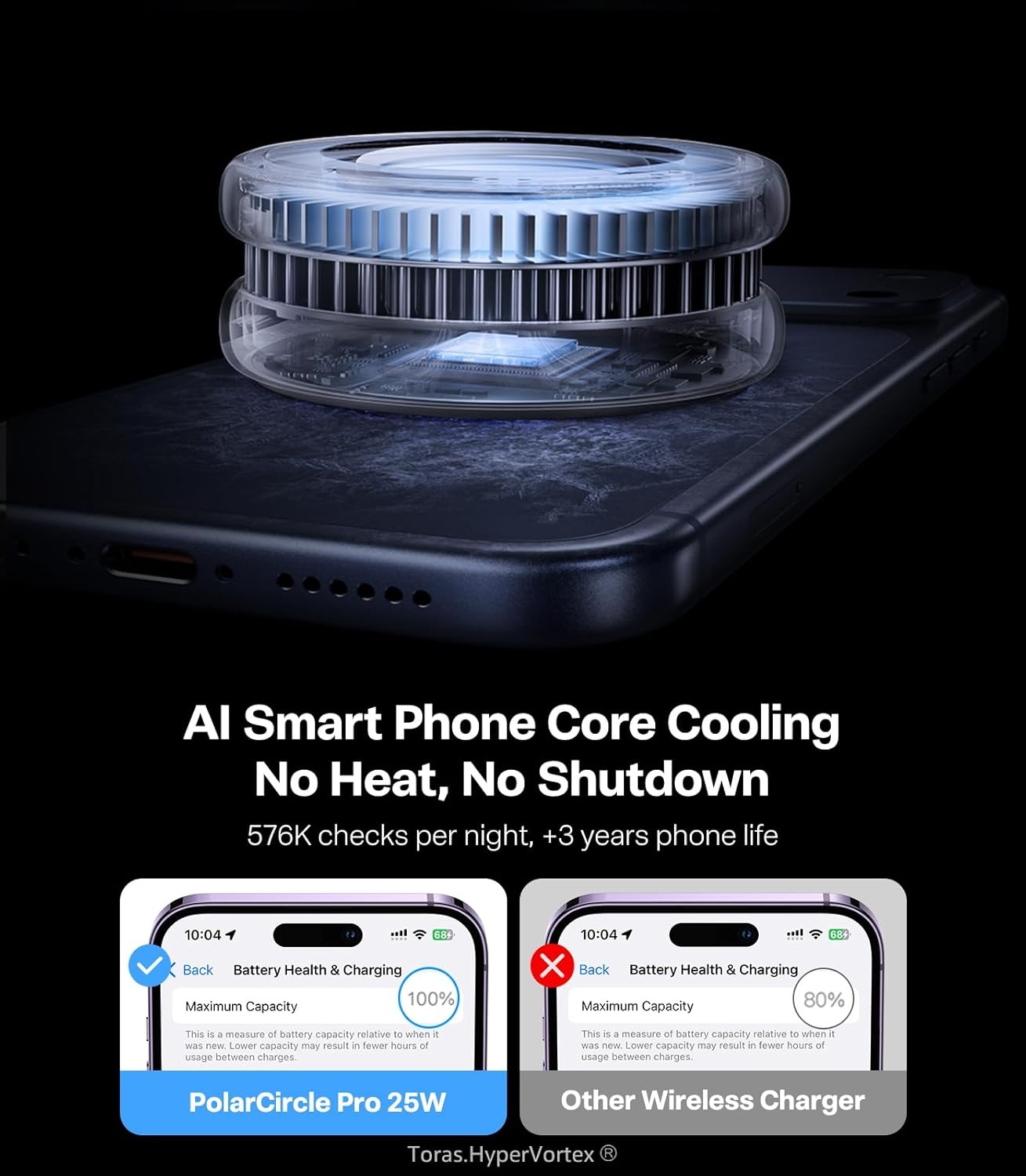 image:imageTORRAS PolarCircle Qi22 Wireless Charger 25W Cooling Magnetic Pad for iPhone 1716 Wireless Charger for Samsung Galaxy S26S25 with 360Spin Stand Semiconductor Game Cooler with 45W IceNano PlugWhite
