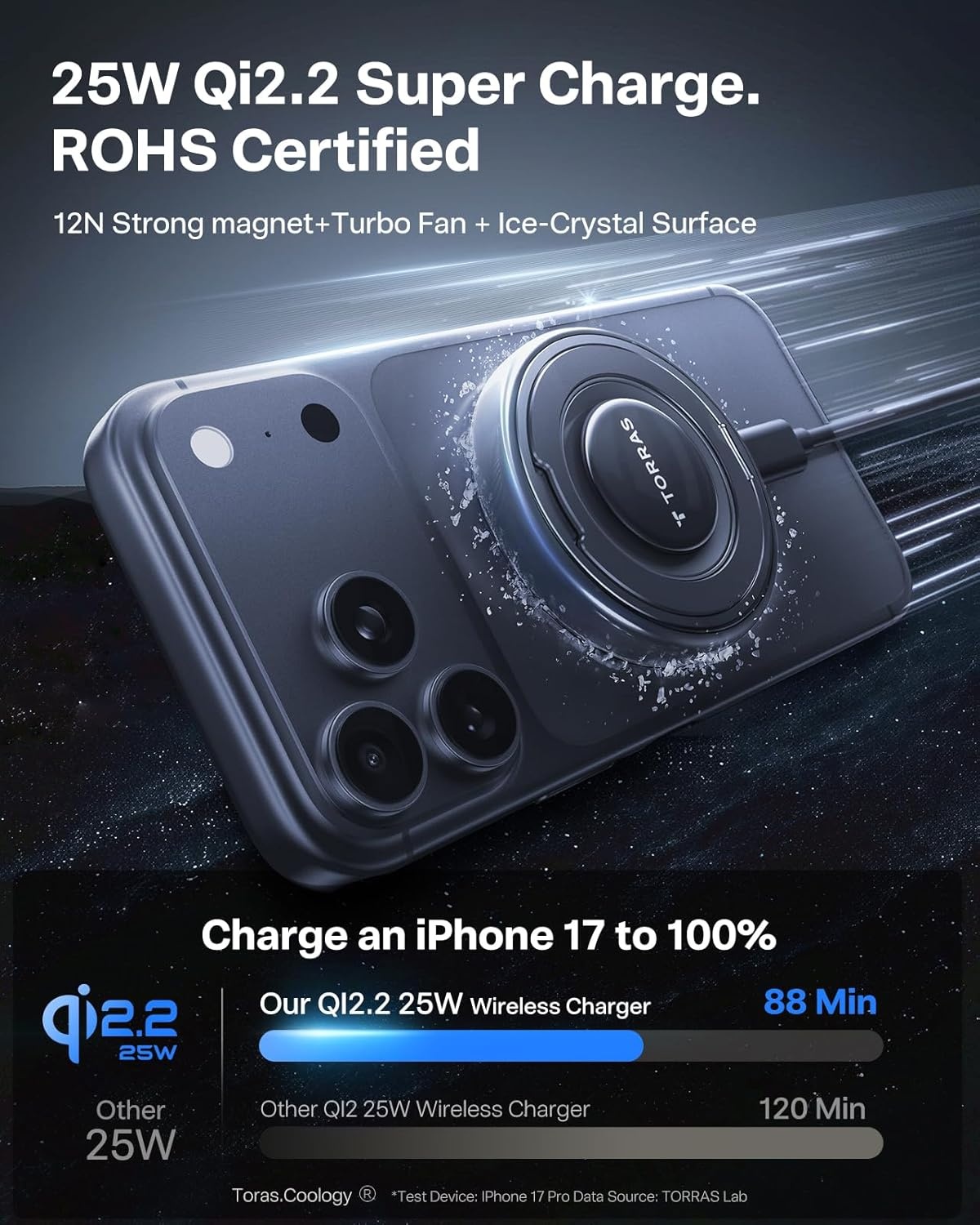 image:imageTORRAS PolarCircle Qi22 Wireless Charger 25W Cooling Magnetic Pad for iPhone 1716 Wireless Charger for Samsung Galaxy S26S25 with 360Spin Stand Semiconductor Game Cooler with 45W IceNano PlugBlack