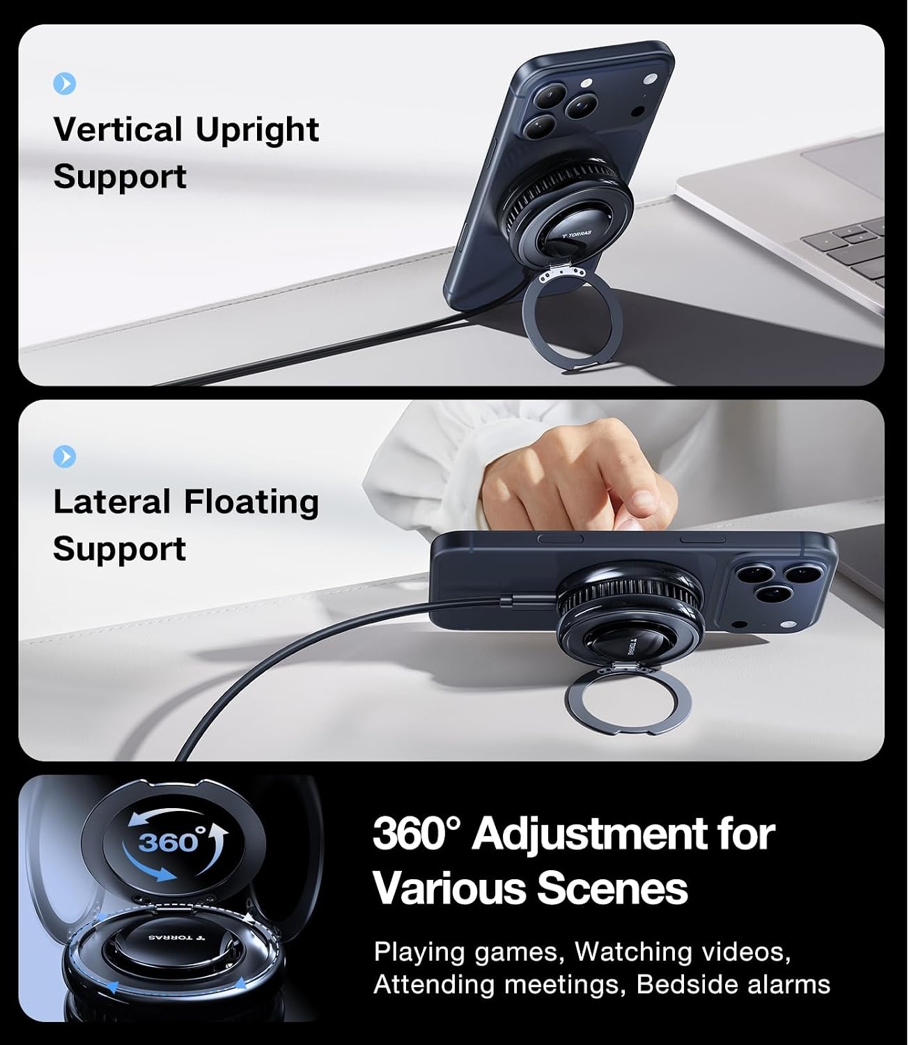 image:imageTORRAS PolarCircle Qi22 Wireless Charger 25W Cooling Magnetic Pad for iPhone 1716 Wireless Charger for Samsung Galaxy S26S25 with 360Spin Stand Semiconductor Game Cooler with 45W IceNano PlugSapphire Black
