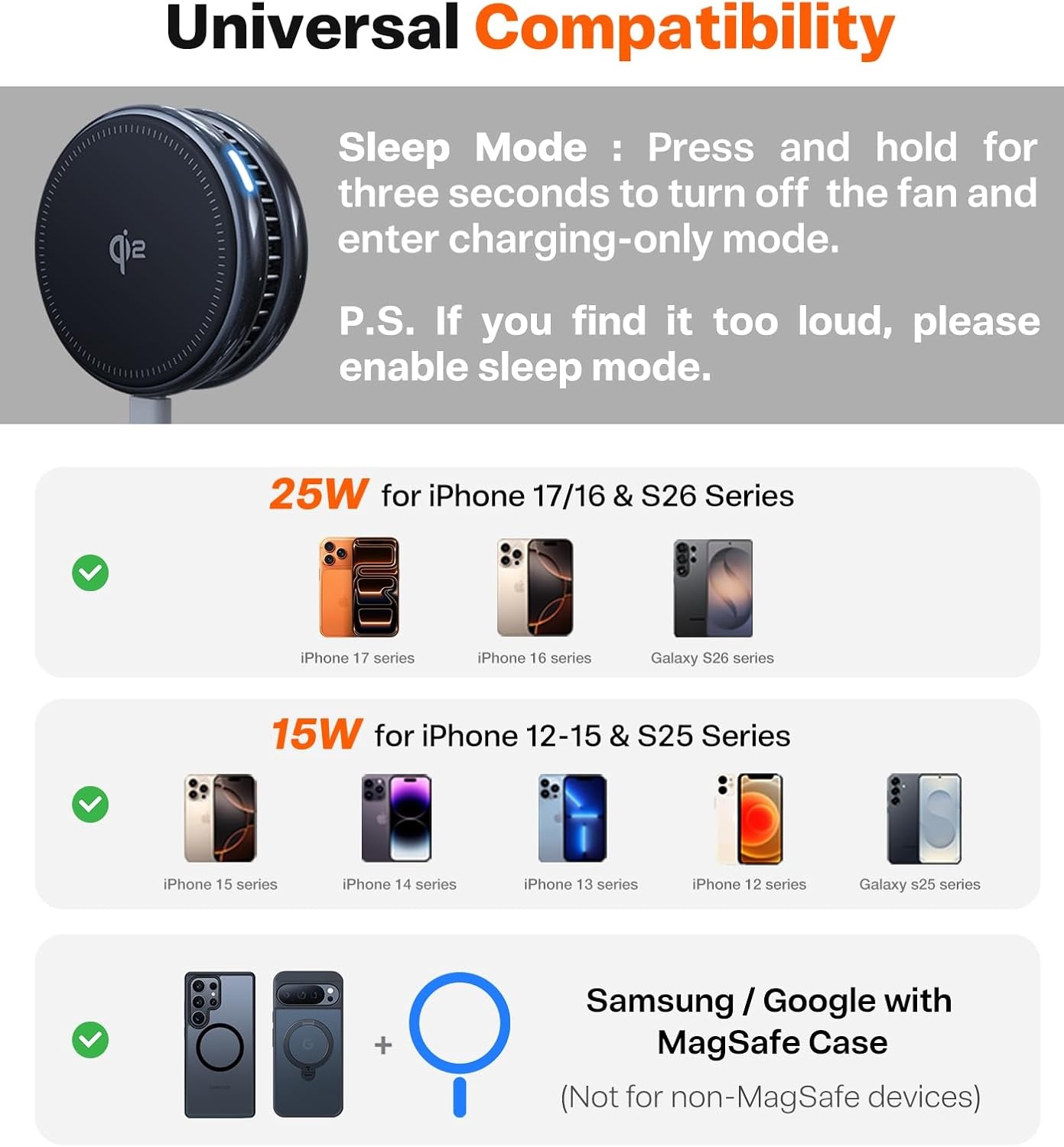 image:imageTORRAS PolarCircle Qi22 Wireless Charger 25W Cooling Magnetic Pad for iPhone 1716 Wireless Charger for Samsung Galaxy S26S25 with 360Spin Stand Semiconductor Game Cooler with 45W IceNano PlugWhite