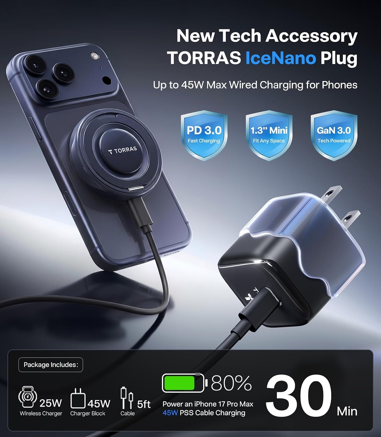 image:imageTORRAS PolarCircle Qi22 Wireless Charger 25W Cooling Magnetic Pad for iPhone 1716 Wireless Charger for Samsung Galaxy S26S25 with 360Spin Stand Semiconductor Game Cooler with 45W IceNano PlugBlack