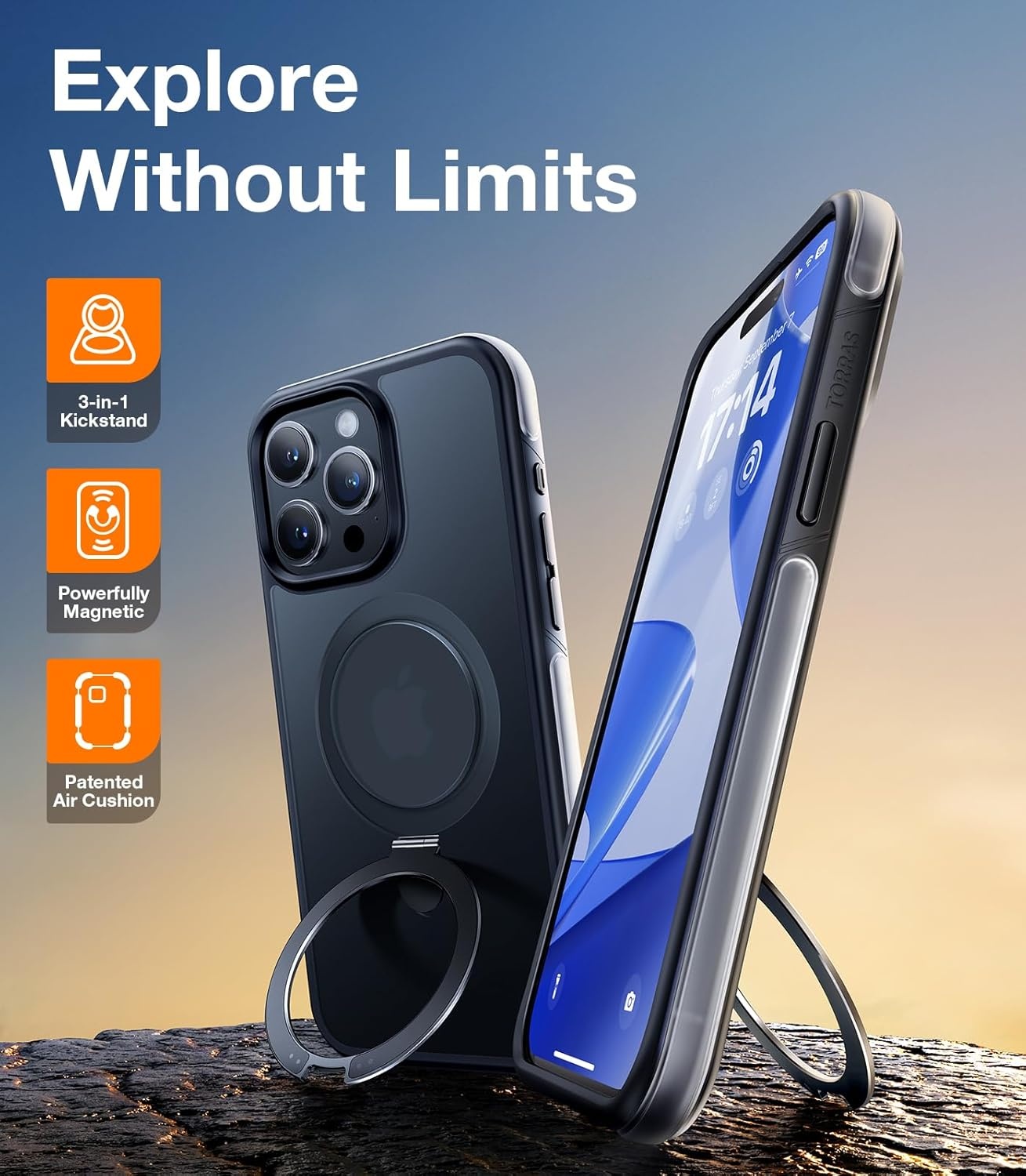 image:imageTORRAS Q1 Air for iPhone 15 Pro Case Magnetic Stand Extreme MilitaryGrade Shockproof Fit for MagSafe Sturdy Flexible Stand Translucent AntiScratch Strong Protective Case Frosted Black 61